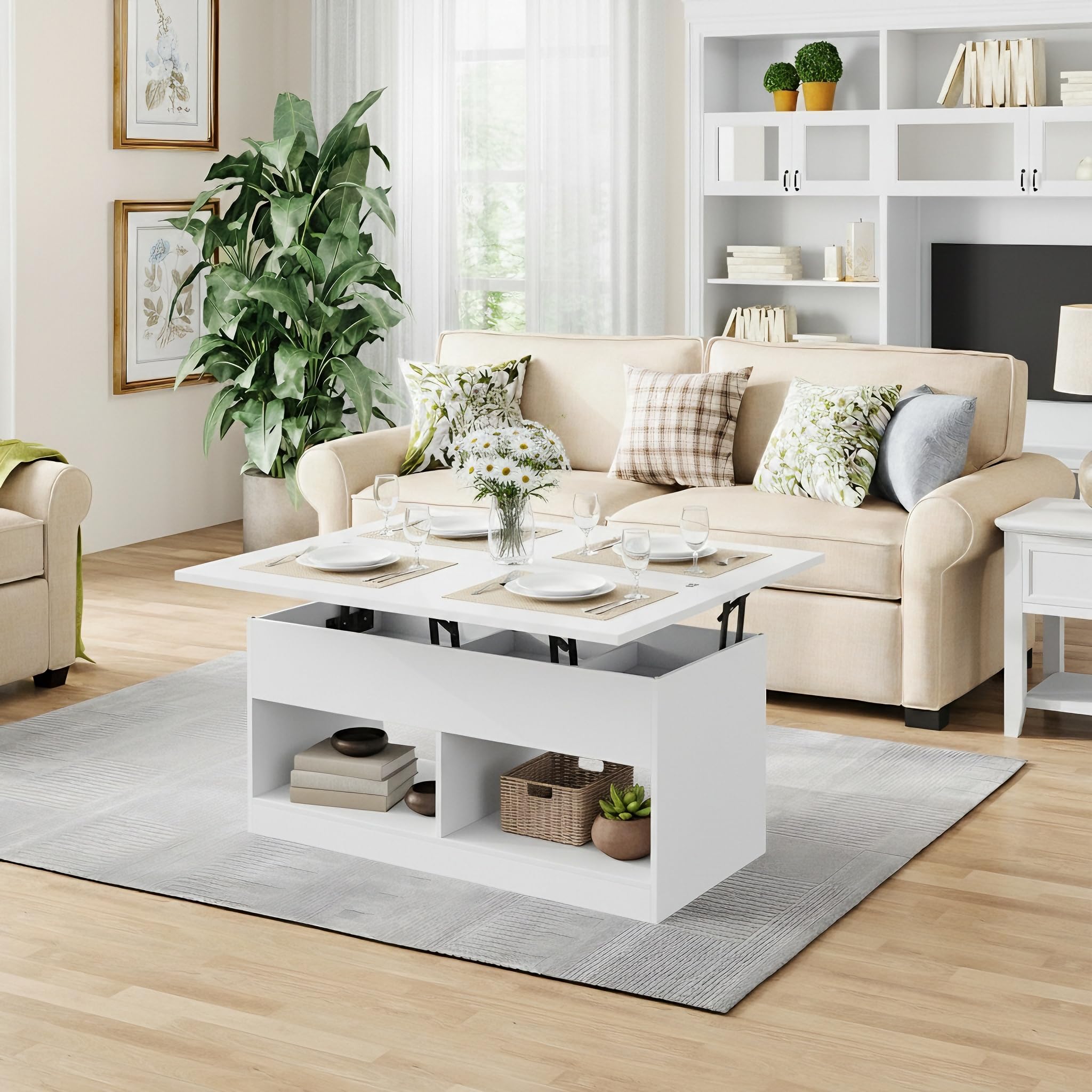 Mesa de café, mesa de salón ajustable en altura, mesa de café con placa elevadora, 2 compartimentos abiertos y almacenamiento oculto, mesa auxiliar rectangular para sofá, puede convertirse en