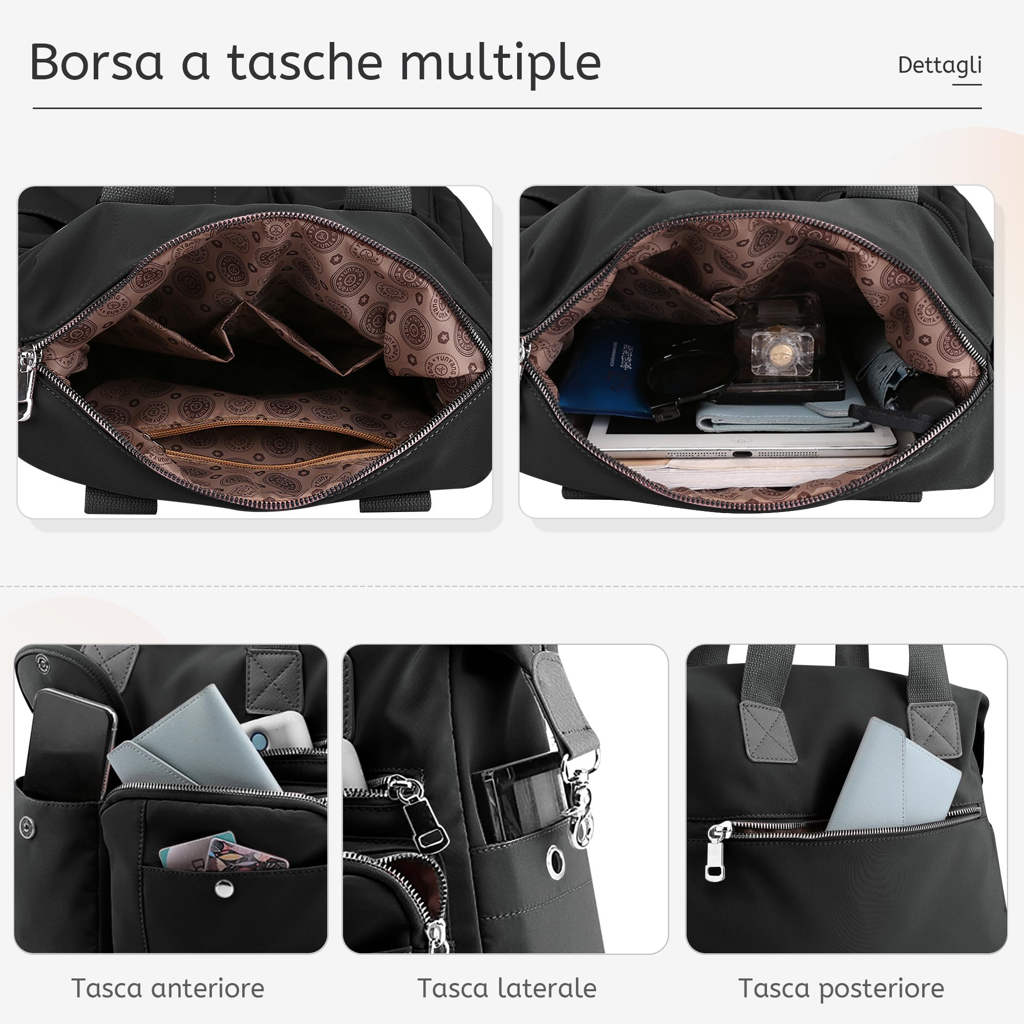 Borsa Donna Multitasche – Borsa A Mano In Nylon Impermeabile Con Tracolla Regolabile E Numerose Tasche, Grande Capacità Ideale Per Lavoro, Viaggi, Shopping E Quotidiano Nero Elegante