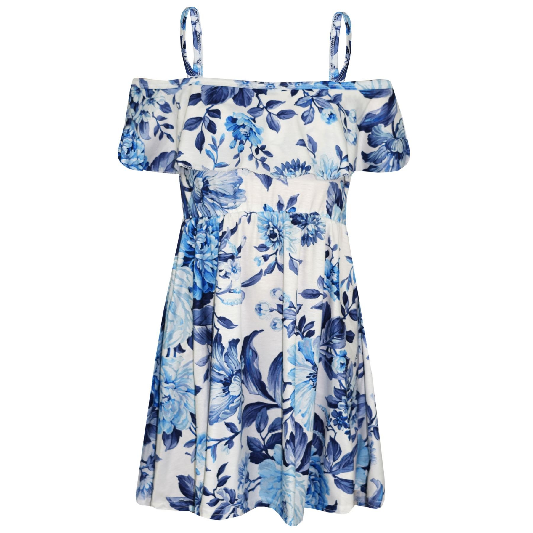 A2z 4 Kids Girls Blue Floral Print Skater Dress - Off Shoulder Dress Floral Blue 7-8