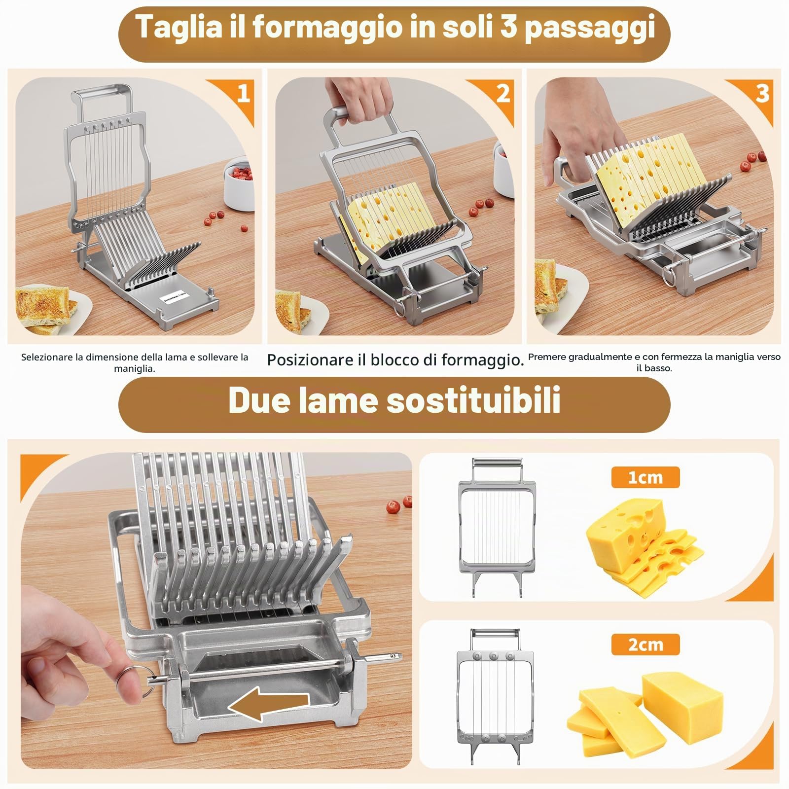 Affettatrice per Formaggio Commerciale, Cutter per Formaggio Cheddar con Spessore di 1cm e 2cm, Lama in Filo d'acciaio Inox 316, Ideale per Ristoranti, Panifici, Catering e Cucine Domestiche