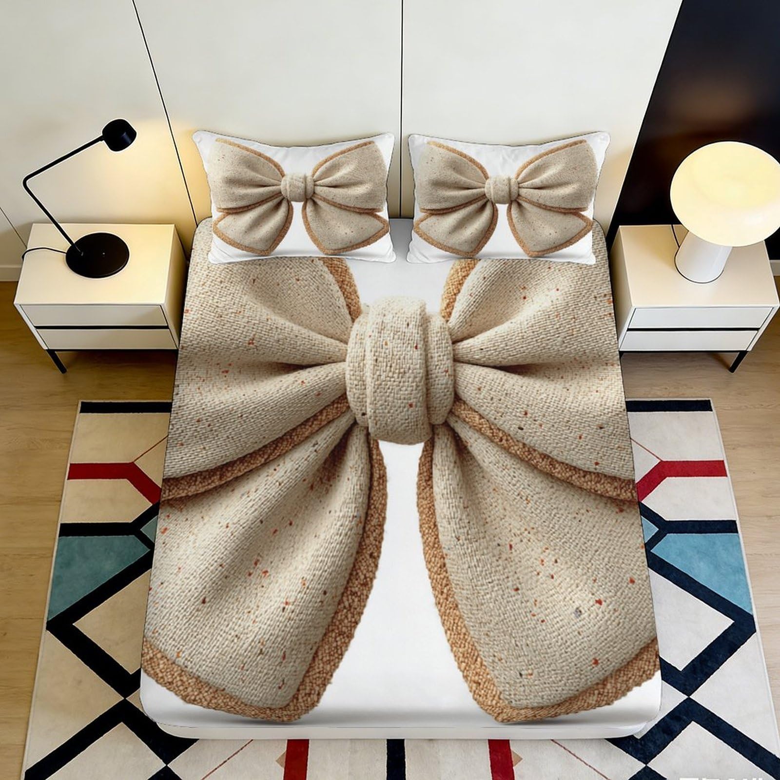 Pnayamiorkfel Style-5 3D Printed Beige Bow Fitted Sheet Microfiber Soft Decorative Knitted Ribbon Bed Cover For Bedroom Guest Room 90X200x25cm