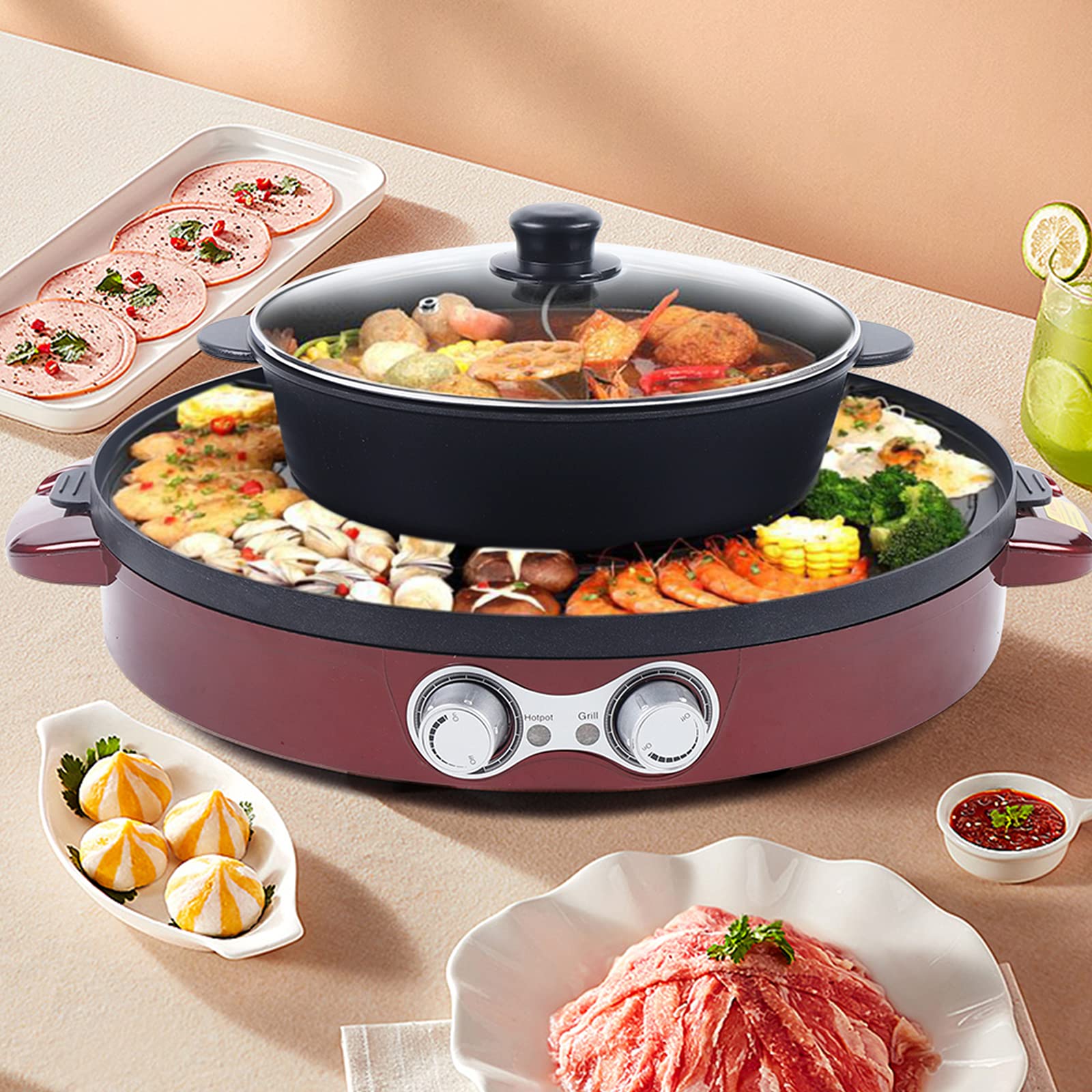 2 in 1 Elektrischer Hot Pot und Grill, Elektro-Backofen Doppeltrennung Mandarin Ente Topf BBQ Grill, Hotpot mit Unabhängiger Temperaturregelung, 2200 W, 52 * 52 * 18.5cm