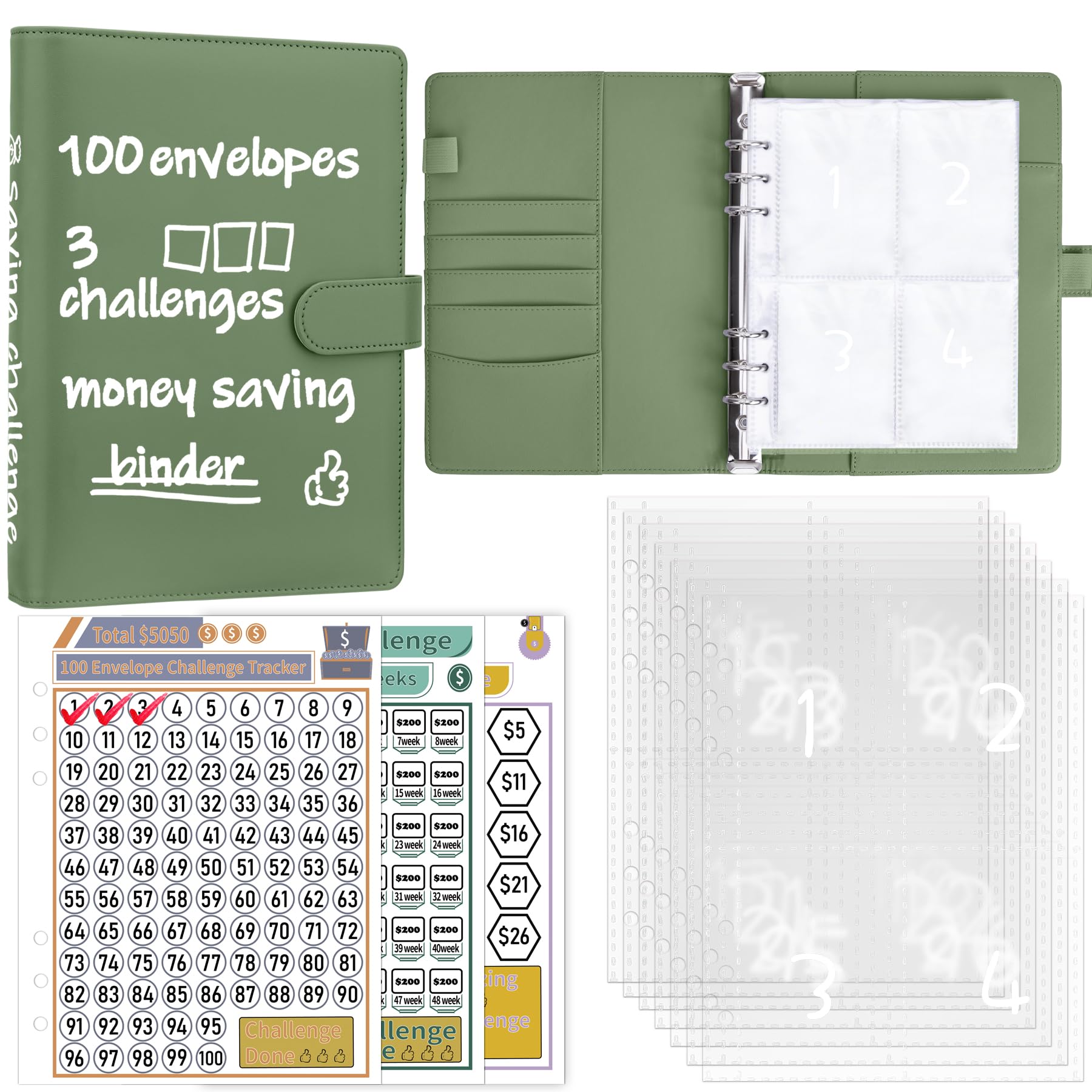 Ndsox 100 Envelopes Money Challenge Binder, A5 Budget Binder with Cash Envelopes, Savings Challenges Book to Save $500, $5,050, $10,000 Budget Planner