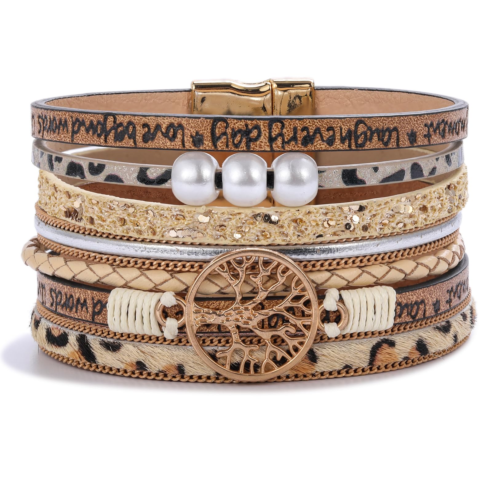 FANCY SHINY Tree of Life Leather Wrap Bracelet Inspirational Cuff Bangles Boho Pearl Bracelets with Magnetic Clasp Unique Jewelry Gifts for Women