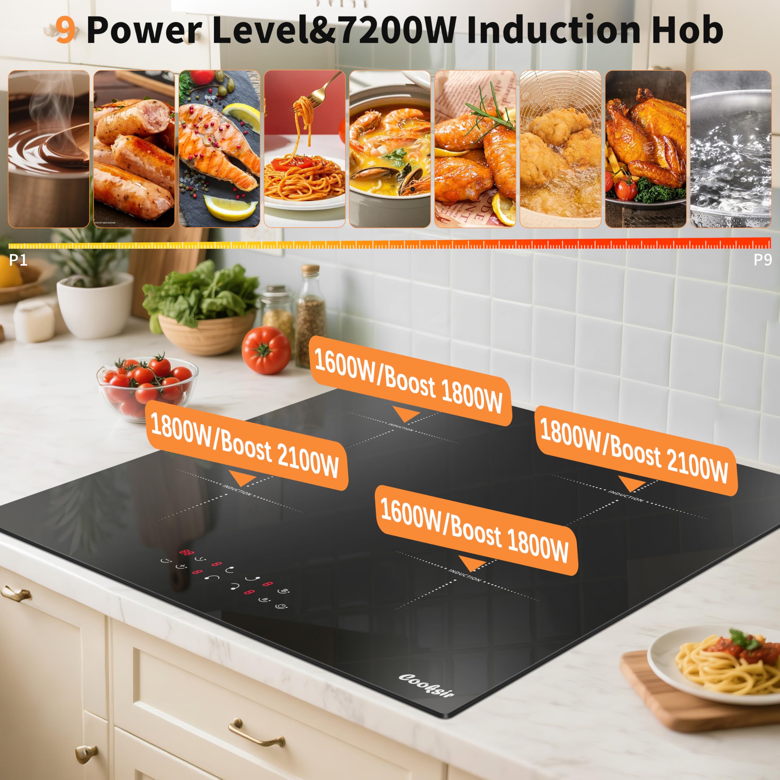 Płyta indukcyjna, 4 płyty, płyta kuchenna do zabudowy 60 cm, 7200 W, indywidualny dotyk, funkcja boost, blokada bezpieczeństwa, timer, bez wtyczki, 230 V