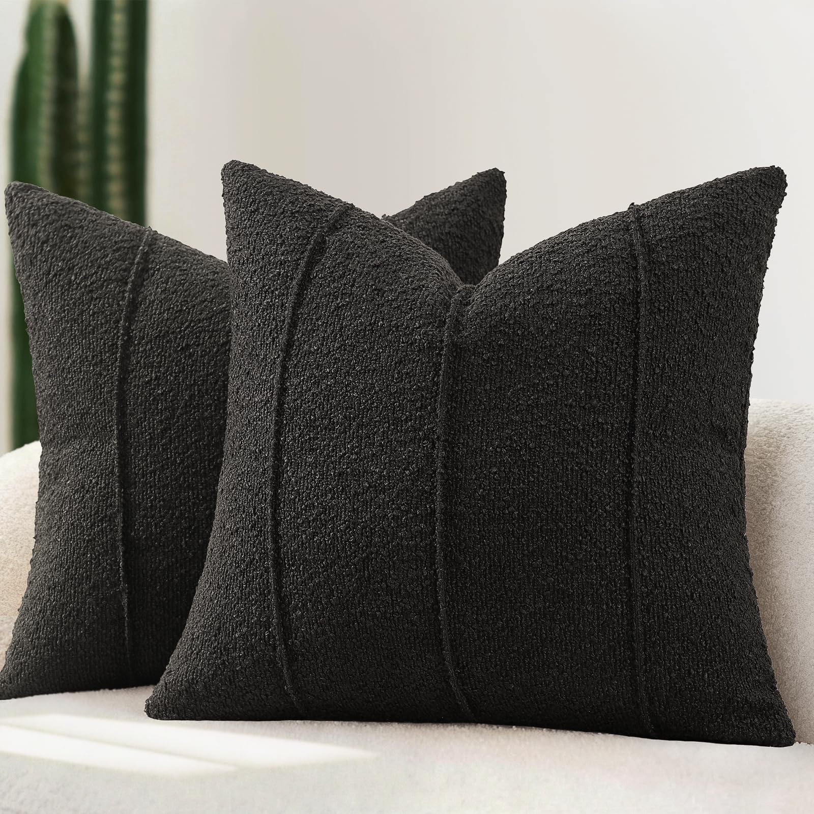 YCOLL Textured Bouclé Cushion Covers 45x45 Pack of 2 – Soft Black Decorative Cushions for Sofa, Bed & Living Room, Modern Home Décor, Comfortable & Luxurious Accent with Neutral Stripes — image 1
