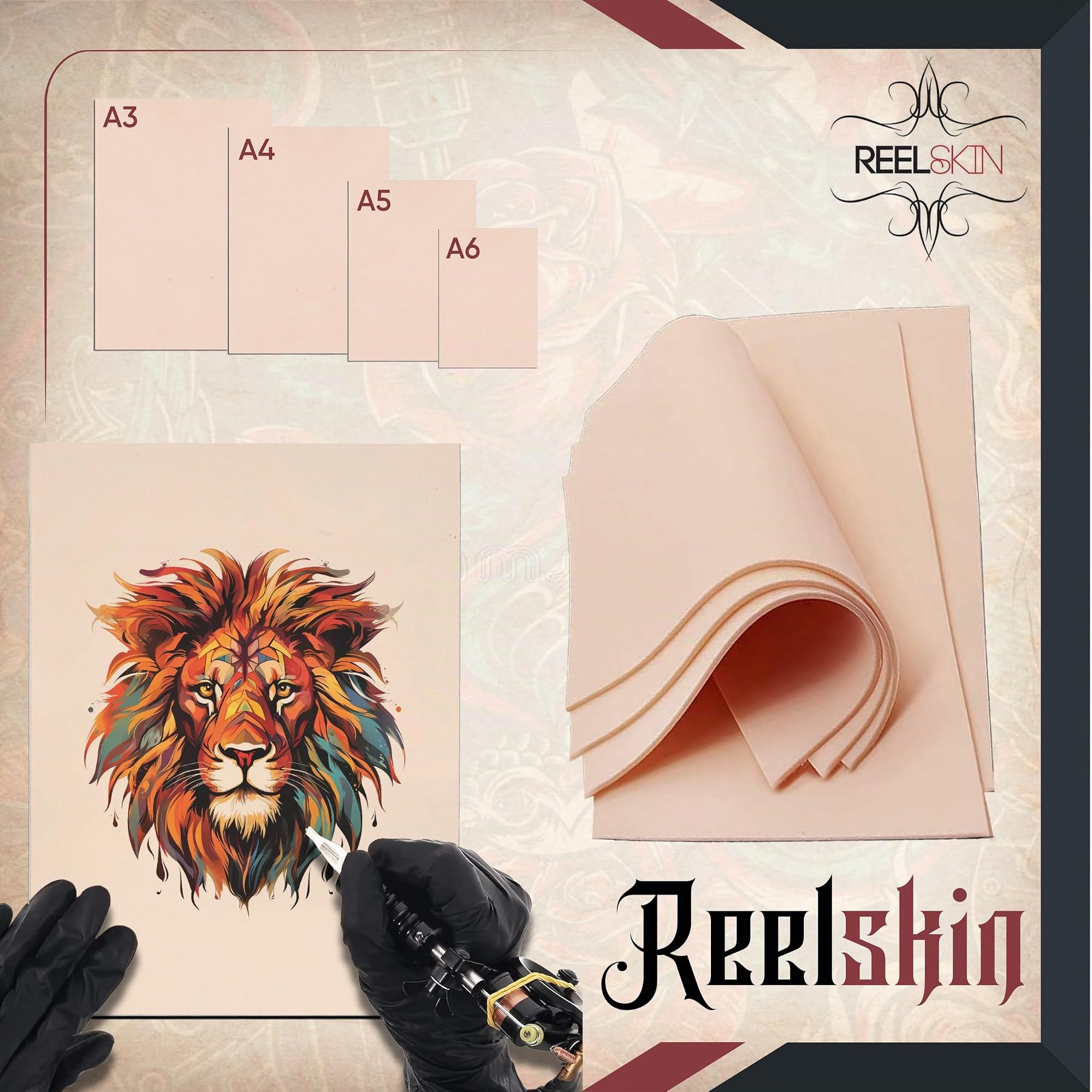 Reelskin Lot de 3 feuilles de silicone double face A4 pour pratique du tatouage, épaisseur 2,5 mm, s'étire comme de la vraie peau