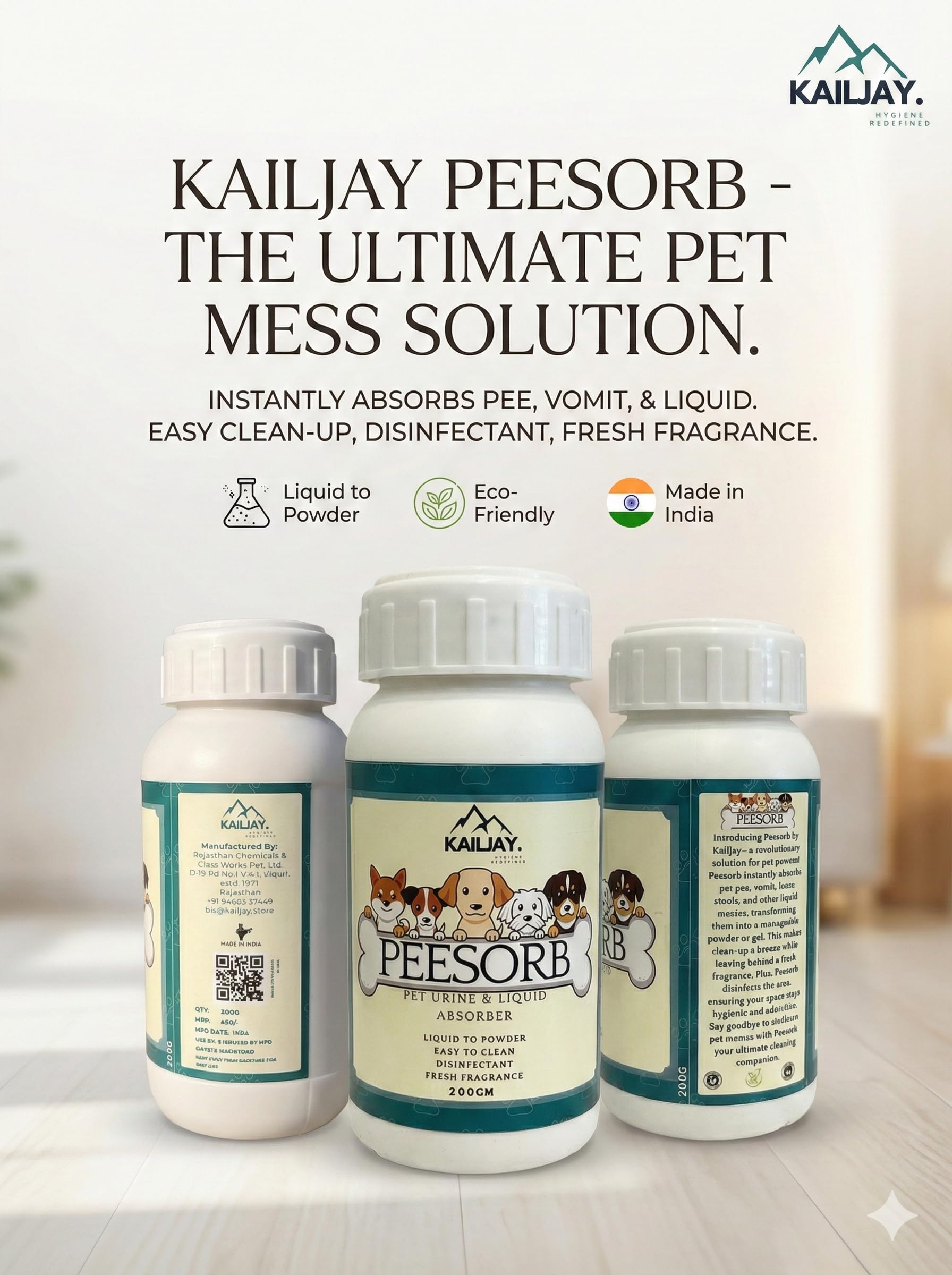 Kailjay peeSORB Pet Urine and Liquid Absorber & Dog deodorizer, for Dogs/Cat urine, vomit, poop Liquid to Powder, Easy to Clean, Disinfectant, Fresh Fragrance, Easy to Use (900G) 1