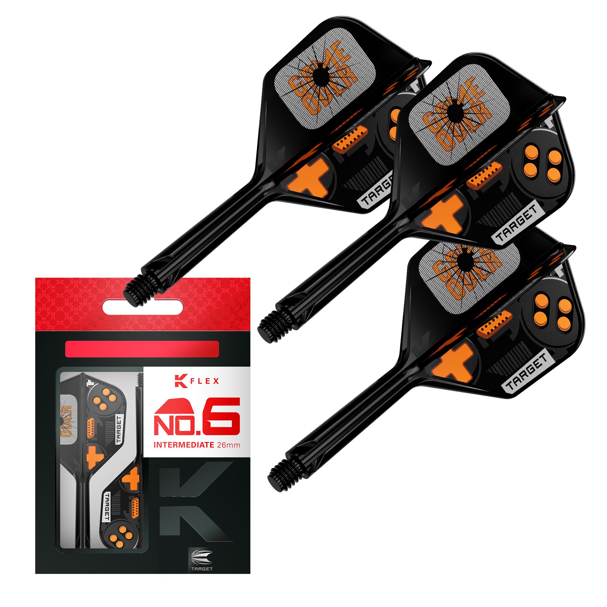 Target Darts K-Flex Game Over: Press Start & You Win No.6 – 3 zintegrowane skrzydełka i trzonki do rzutek, system odlewanych trzonków "wszystko w jednym”, Short, Intermediate & Medium.
