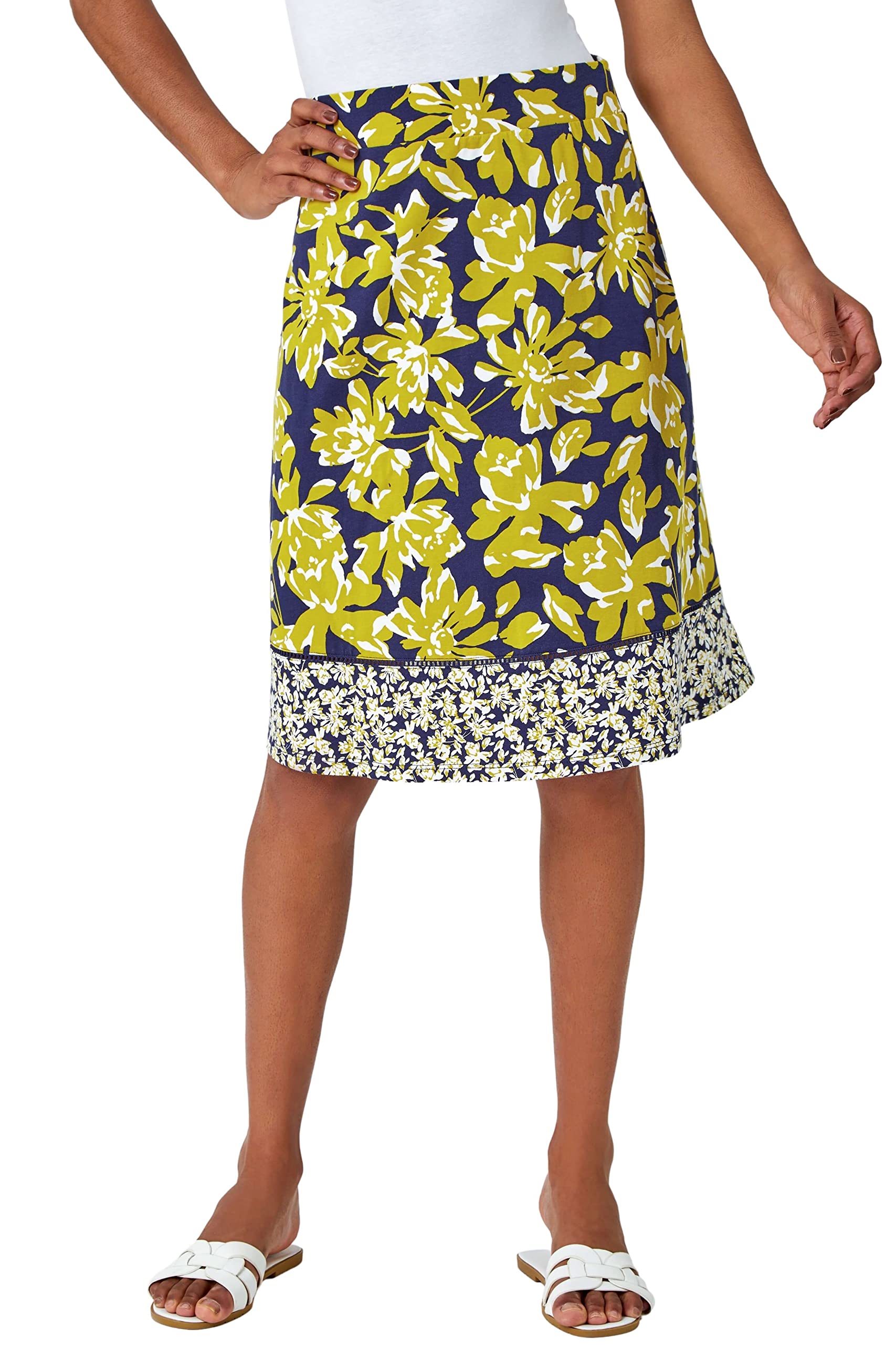 Roman Originals Women's Lime A-Line Skirt For Uk - Knee Length Skirts Stretchy Elasticated Waist Smart Casual Work Cotton Contrast Detail Shape Spring Summer Holiday - Size 20