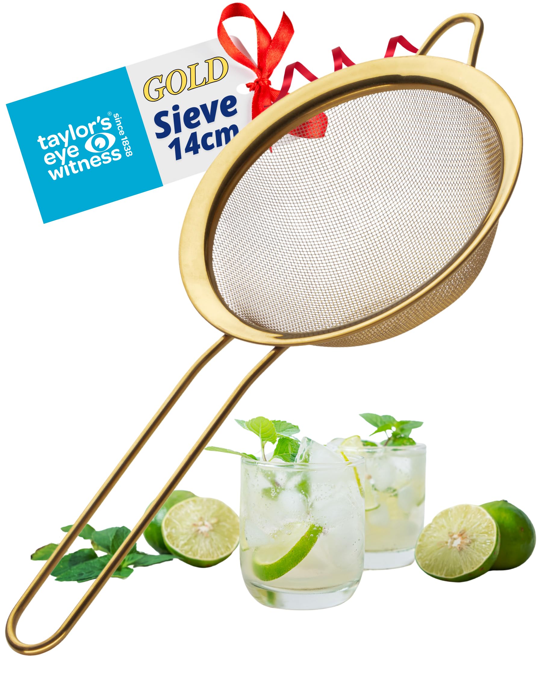 Heavy-Duty 14cm Gold Colour Sieve, Fine Mesh Strainer with Extra Grip Handle
