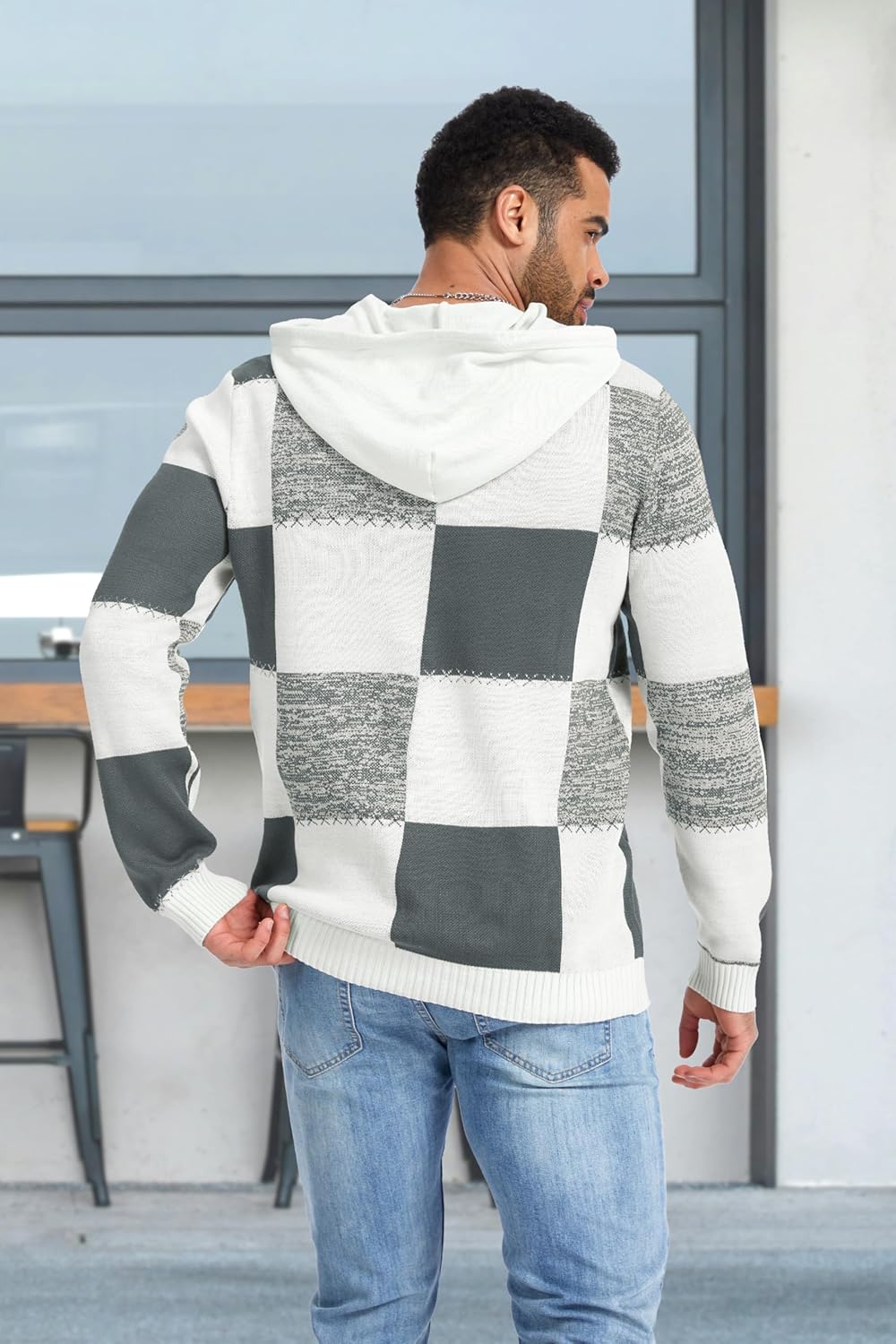 Mens Checkerboard Hooded Sweater Color-Block Waffle Grid Knit Hoodie Retro Urban Streetwear Patchwork Sweatshirt - Image 4