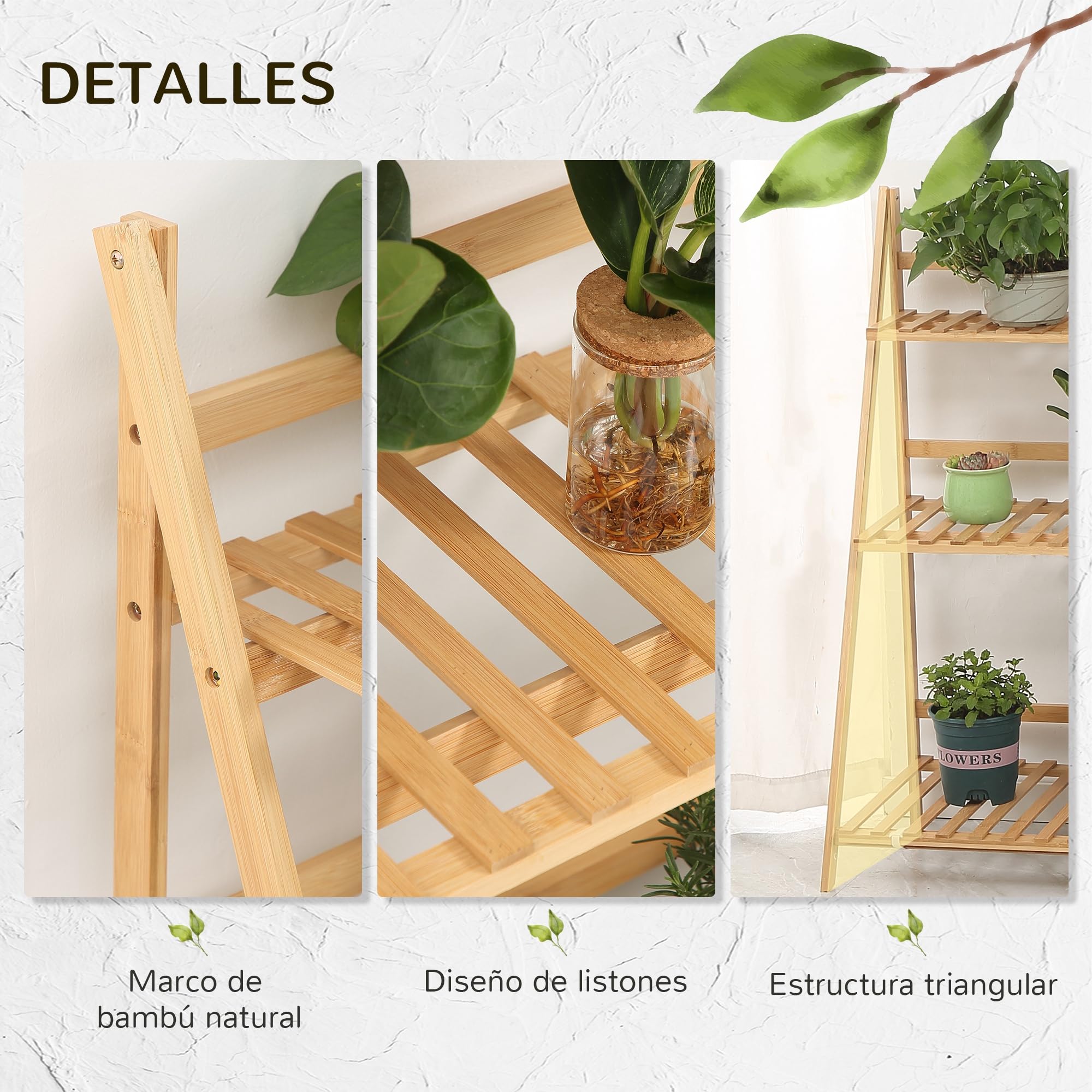 Outsunny Estantería para Plantas 3 Niveles Plegable 100x39x97 cm Natural | Bambú, Soporte para Flores, Estantería para Macetas, para Interiores y Exteriores