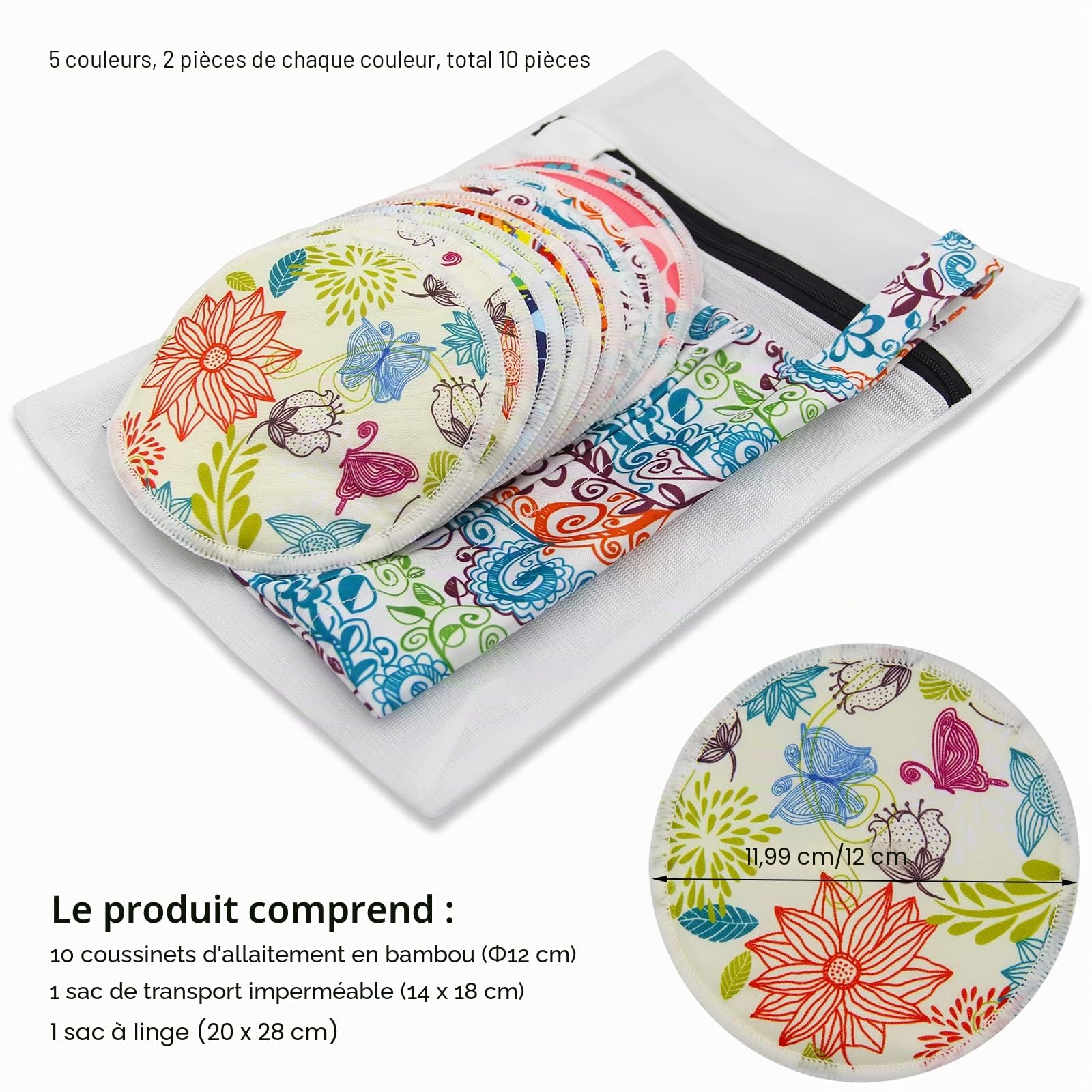 Pinowu Coussinets d'allaitement en Bambou Bio – 10 Coussinets lavables + Sac Humide + Sac de Lavage, Coussinets pour tétons d'allaitement pour maternité, Cache-tétons charmants Taille L 12cm