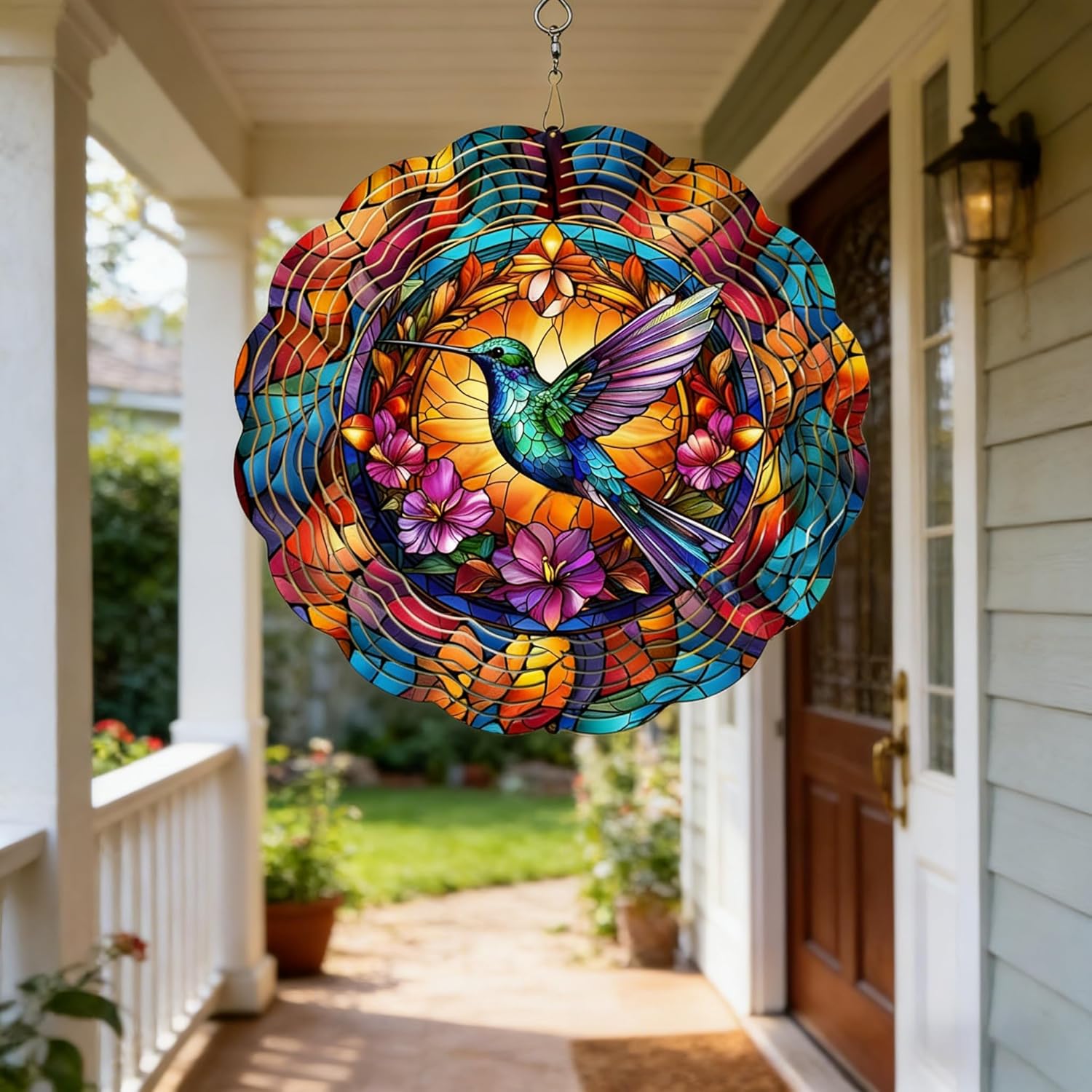 Humming Bird Hanging Wind Spinners-12 inch 3D Stainless Steel Laser Cut Metal Yard Art, Outdoor Garden Decor, Unique Gift for Women Men