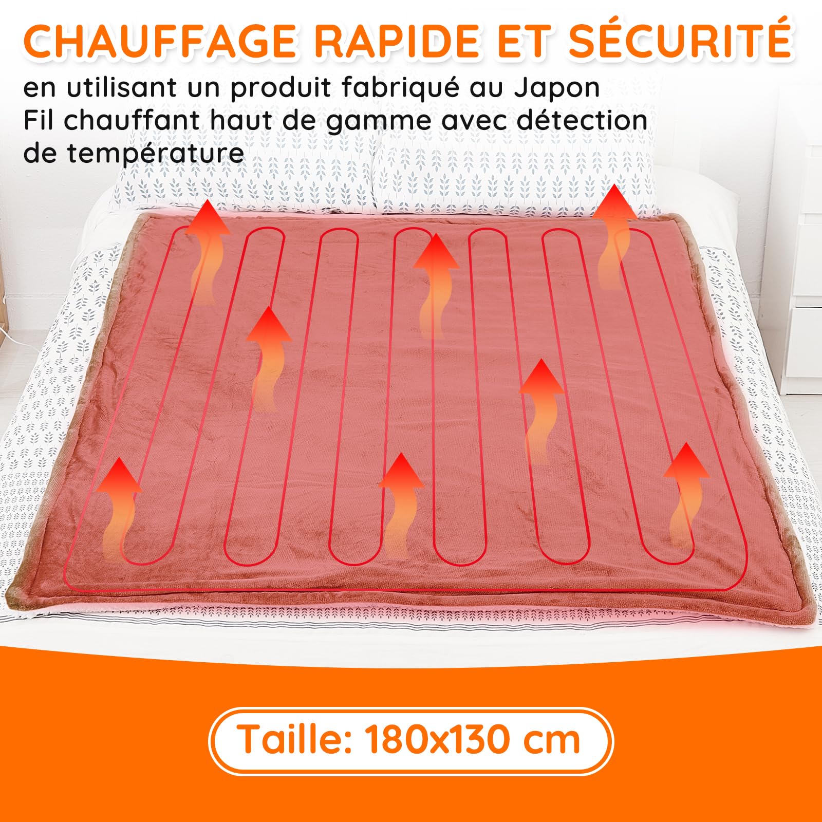 Couverture Chauffante 130 x 180 cm 10 réglages de chaleur 1 à 9 heures Minuterie d'arrêt automatique Protection contre la surchauffe, Bed Fast Flanelle Lavable Rouge, Kaki