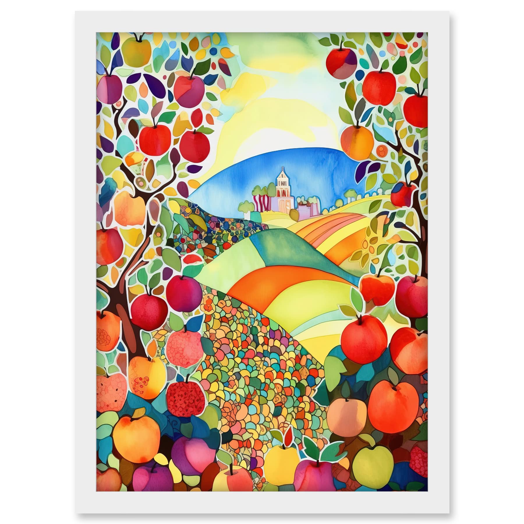 Artery8 Apple Tree Orchard Fields In Summer Folk Art Landscape Watercolour Painting Artwork Framed A3 Wall Art Print