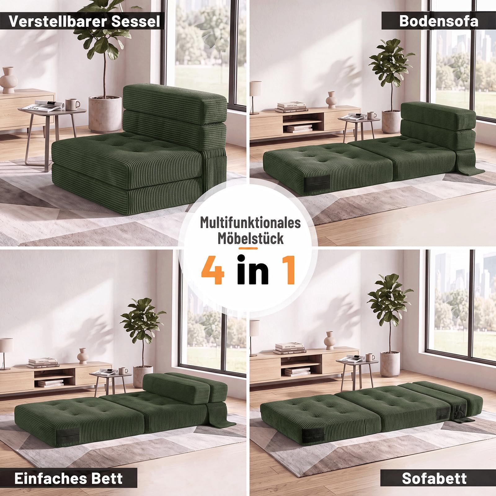 Fabulcozy Wandelbares Sofa 4 in 1, klappbarer Sessel mit Seitentasche, Komfortschaum, Cordbezug, Kissen und Kopfstütze, für Wohnzimmer oder kleine Räume,Grün