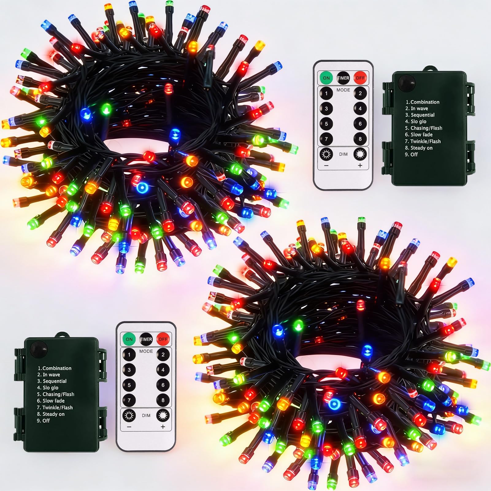 echosari 2 Pack Christmas String Lights Battery 5M 50 LED Green Wire Light Remote