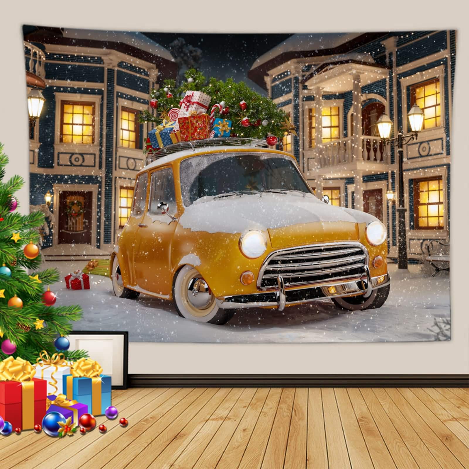 Arazzo da Parete Natalizio, Arazzo Moderno da Parete Auto Regalo di Natale Giallo Bianco Arazzo Tappeto Muro Decorativo, 180x230CM