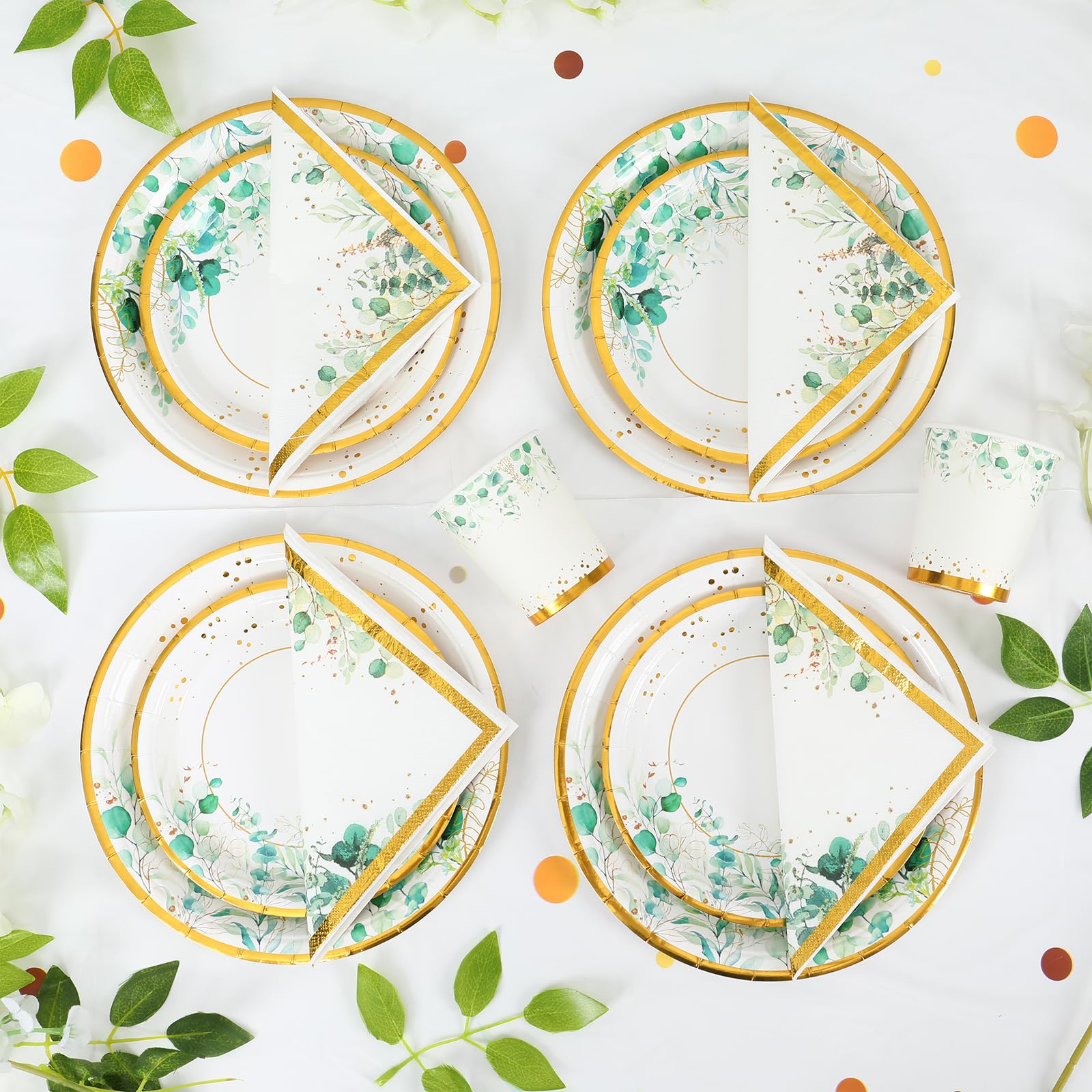 Set Vaisselle Jetable Vert Sage 98 Pièces - Pour 24 Personnes - Assiettes, Gobelets, Nappe, Bannière - Fête Mariage, Anniversaire