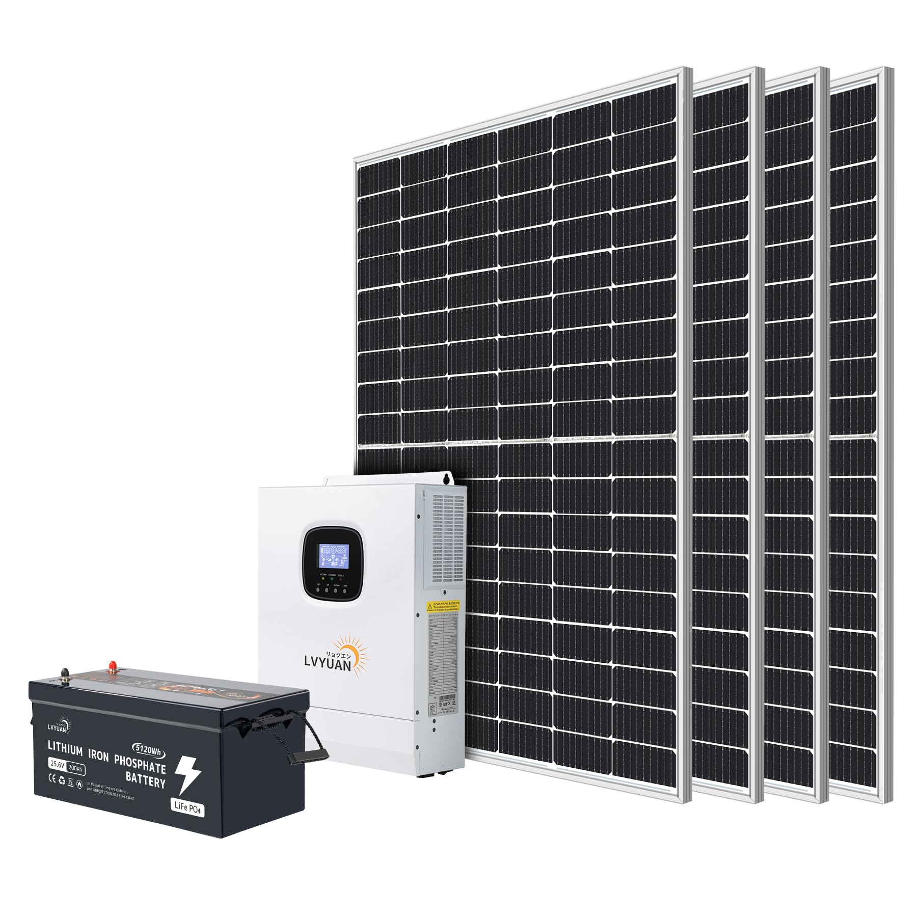 LVYUAN 3000W Hybrid Inverter + 25.6V 200Ah LiFePO4 (Lithium Iron Phosphate) Battery Set + Solar Panel 410W x 4 Sets + Solar Power Generation Charging Possible All-in-One Solar Charger [Introducing an