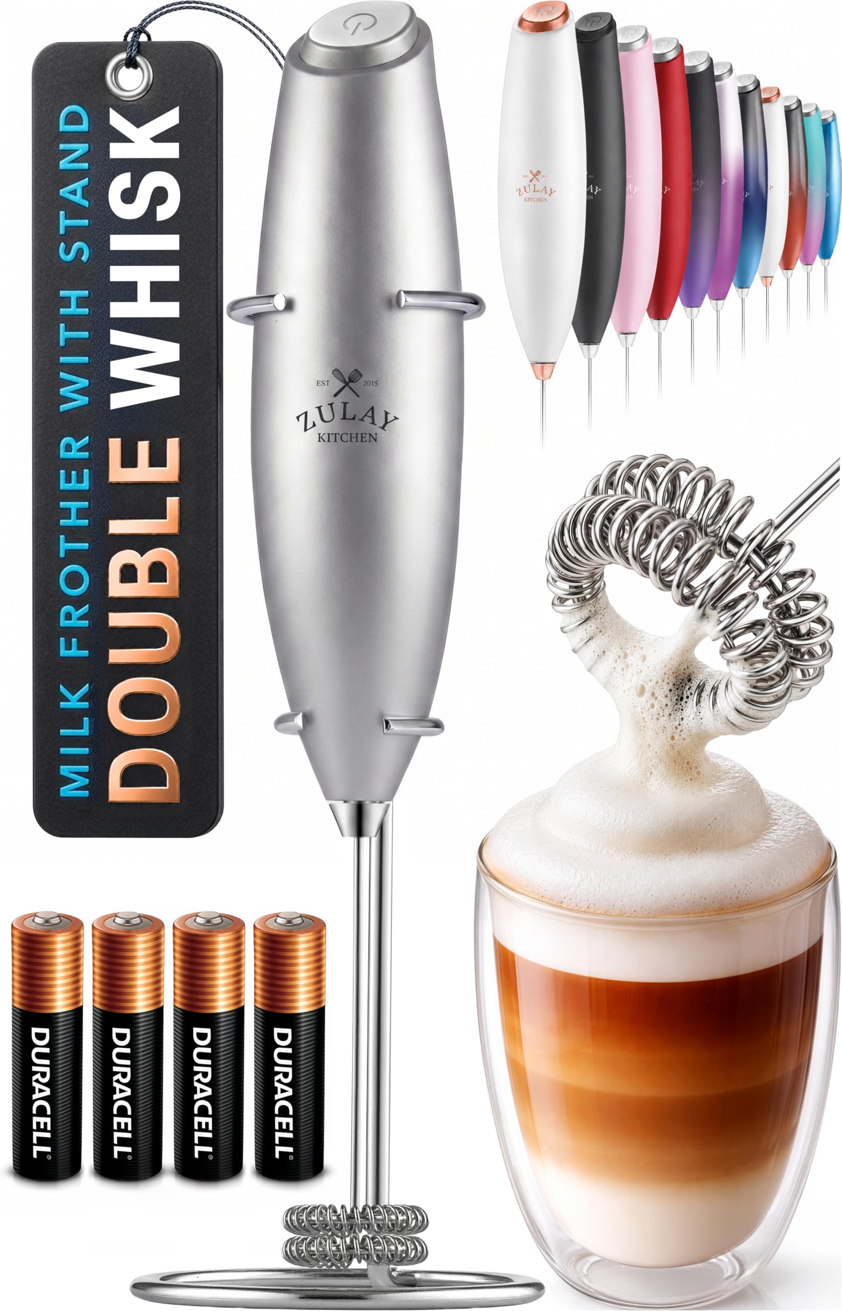 Zulay Kitchen Powerful Milk Frother Wand With Duracell Batteries - Ultra Fast Handheld Drink Mixer - Electric Whisk Foam Maker for Coffee, Lattes, Cappuccino &amp; Matcha - Double Whisk - Silver