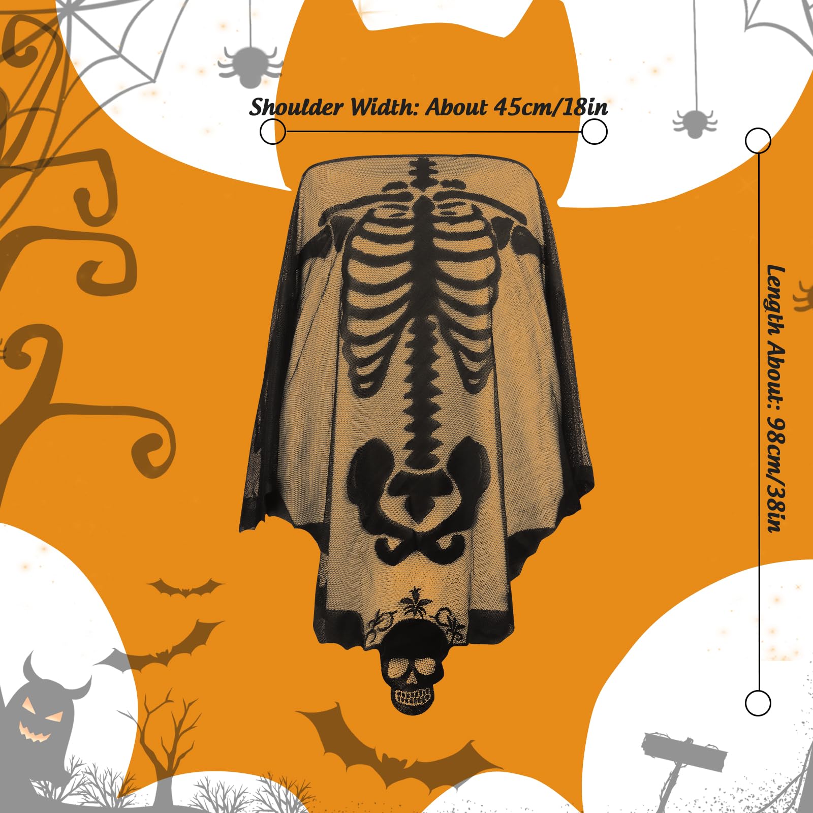 Guittly Halloween Cape Skeleton Poncho, Women Lace Skeleton Shawl Bat Wing, Halloween Skull Cape for Party Day of The Dead (Black) - Image 4