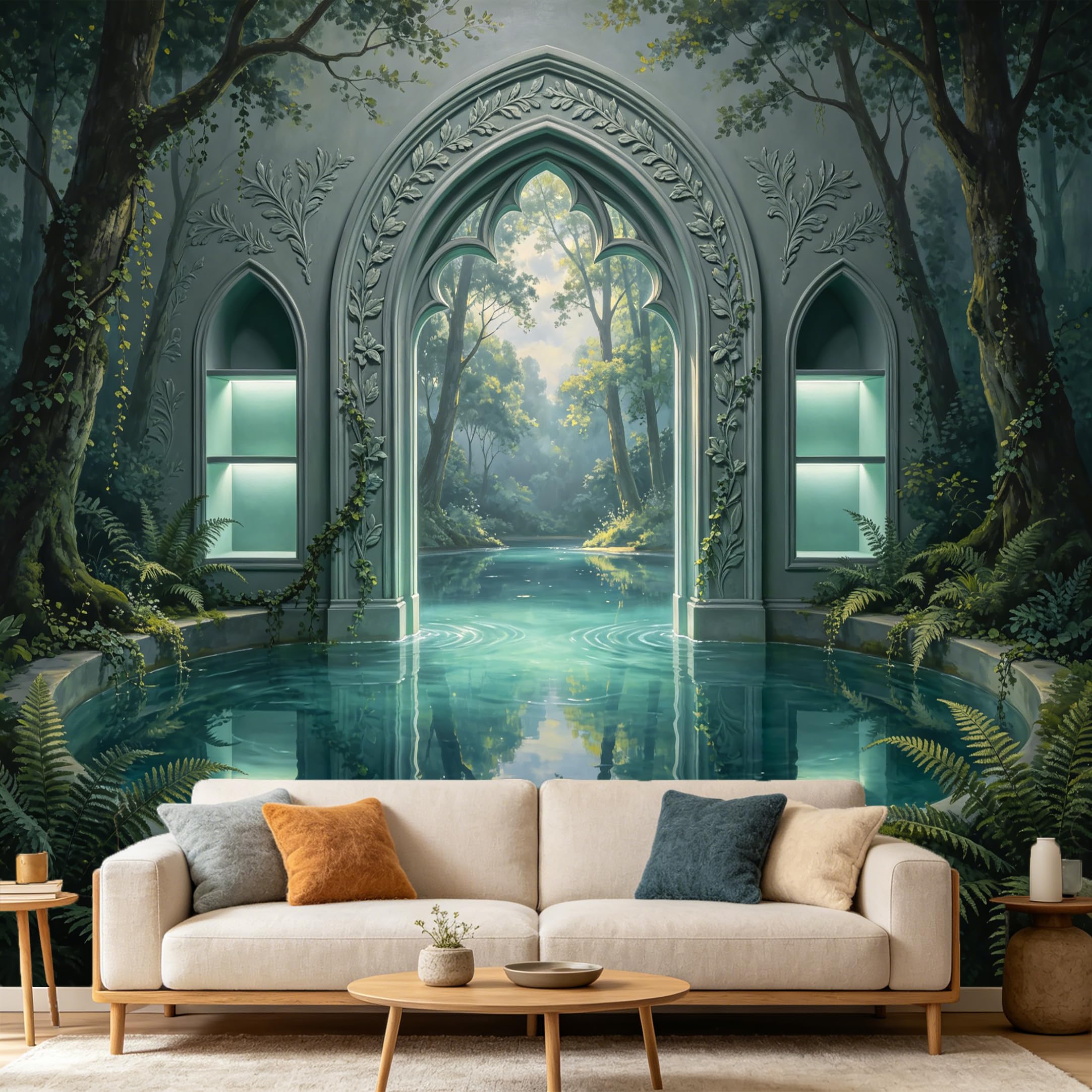Custom Size Wall Mural Gothic Forest Pond Lake Landscape 3D Trompe L'Oeil， SelfAdhesive Art Prints wall Fabric Removable Large Wallpaper Home Living Room Decor