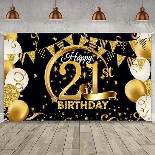 Birthday Party Decoration Extra Large Fabric Black Gold Sign Poster for Anniversary Photo Booth Backdrop Background Banner, Birthday Party Supplies, 72.8 x 43.3 Inch (21st)