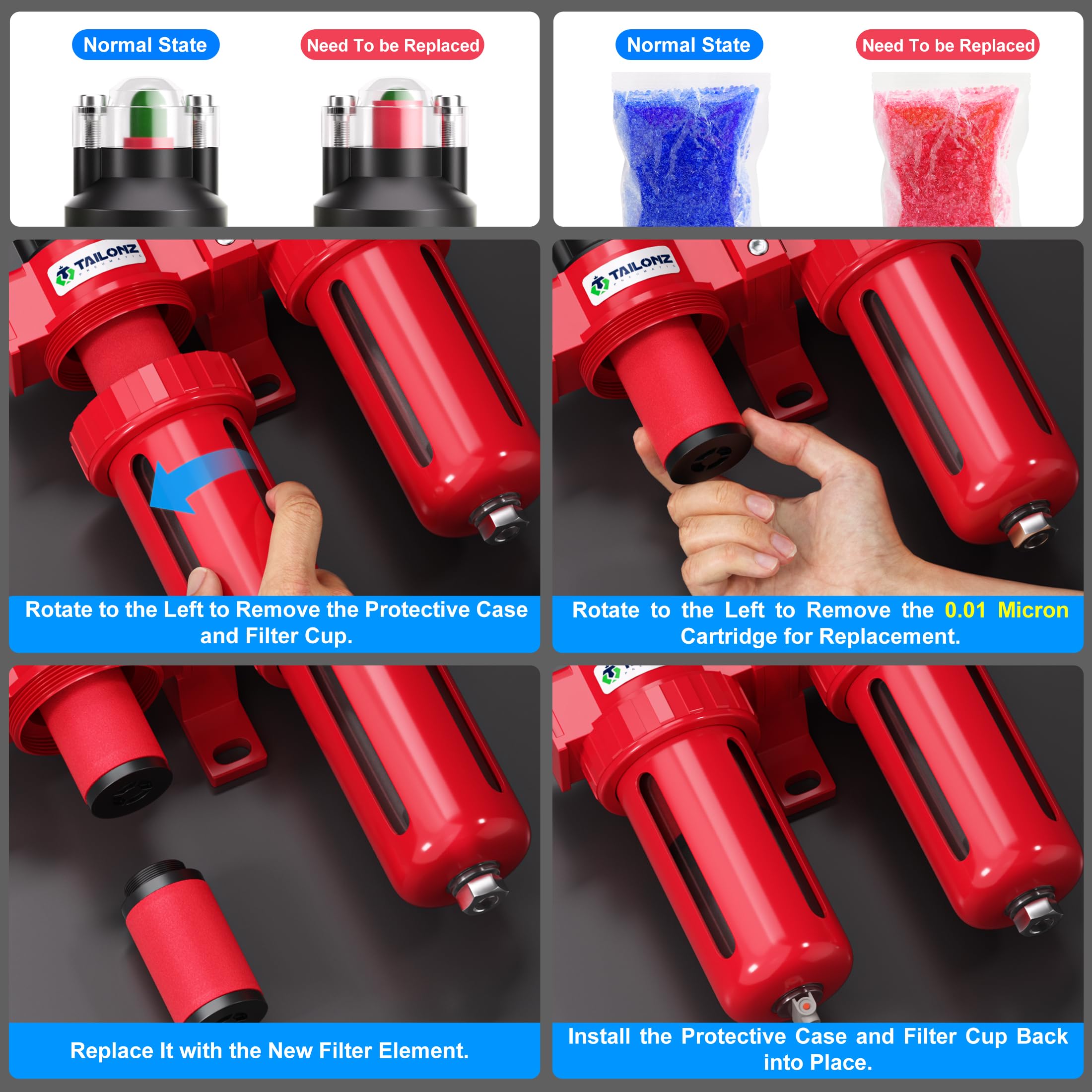 TAILONZ PNEUMATIC Sistema de secado de filtro de aire de aleación de aluminio NPT de 0-150 PSI, filtro de partículas, filtro coalescente, filtración y secado de secadora desecante
