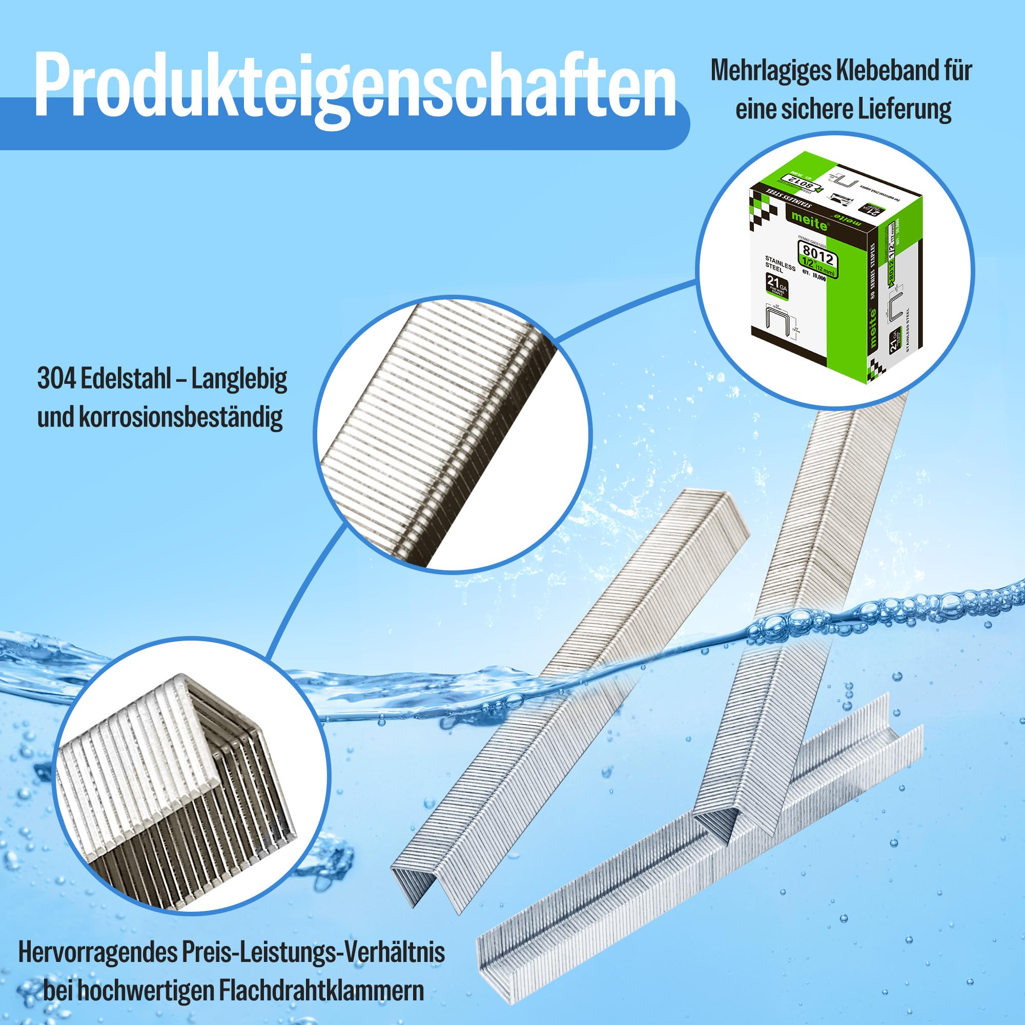 meite Typ 80 Tackerklammern 12 mm Länge, Edelstahl Heftklammern Typ 80 für Drucklufttacker, 21 GaugeTackernadeln für Teppich, Arbeitsbox, Kabel, Schuppen, Zaun (10.000 Stück)