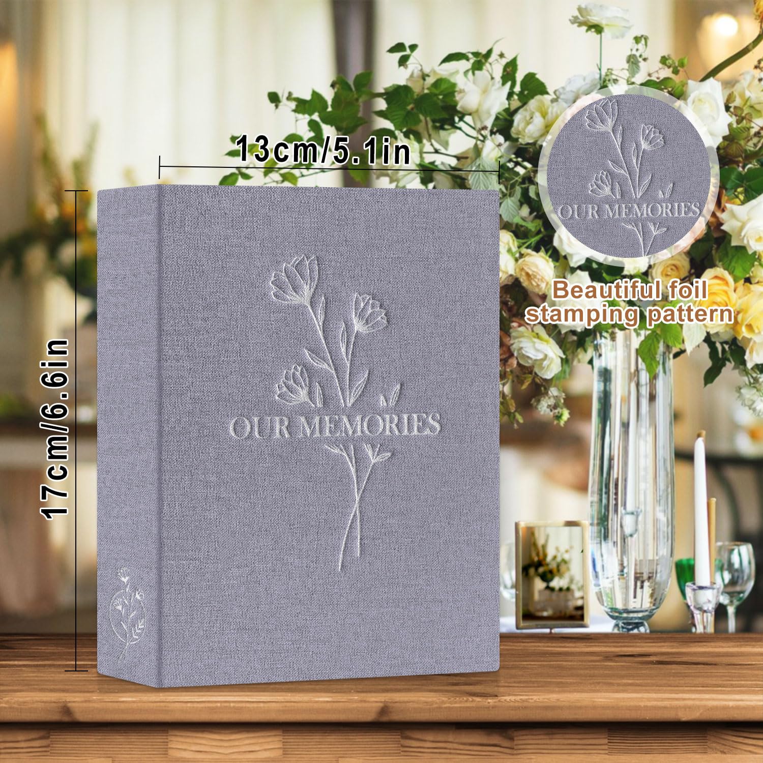 Lanpn Lino Album Fotografico 10x15 100 Tasche 2 Confezioni, OUR MEMORIES Piccolo Mini Biancheria Album Foto Portafoto Verticale Tascabile Tasca (Grigio)