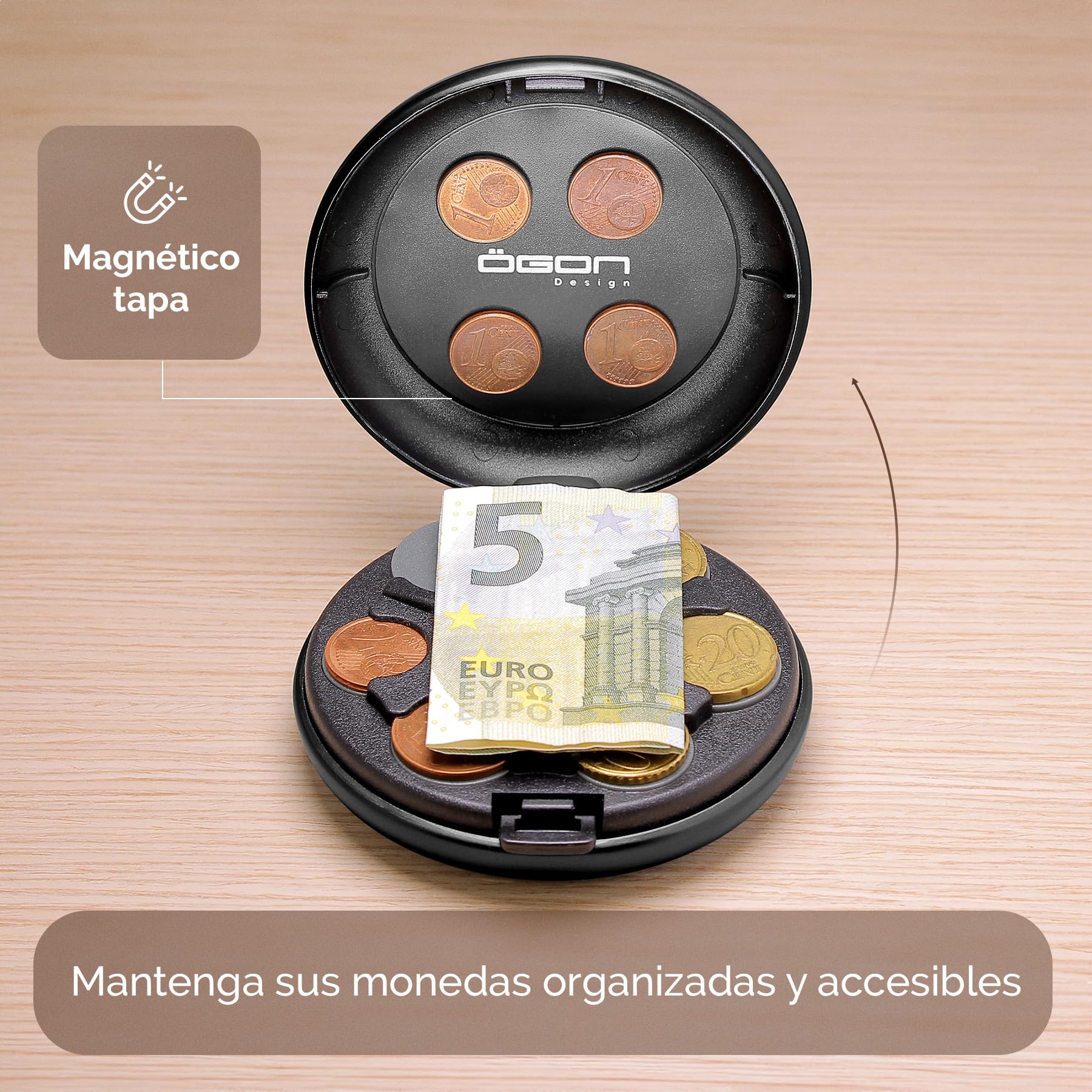 Monedero de Aluminio para Euros, Capacidad de hasta 20 €, 5 Piezas por Compartimento, Accesorio Organizador Compacto, Modelo Euro Monedero (Negro)