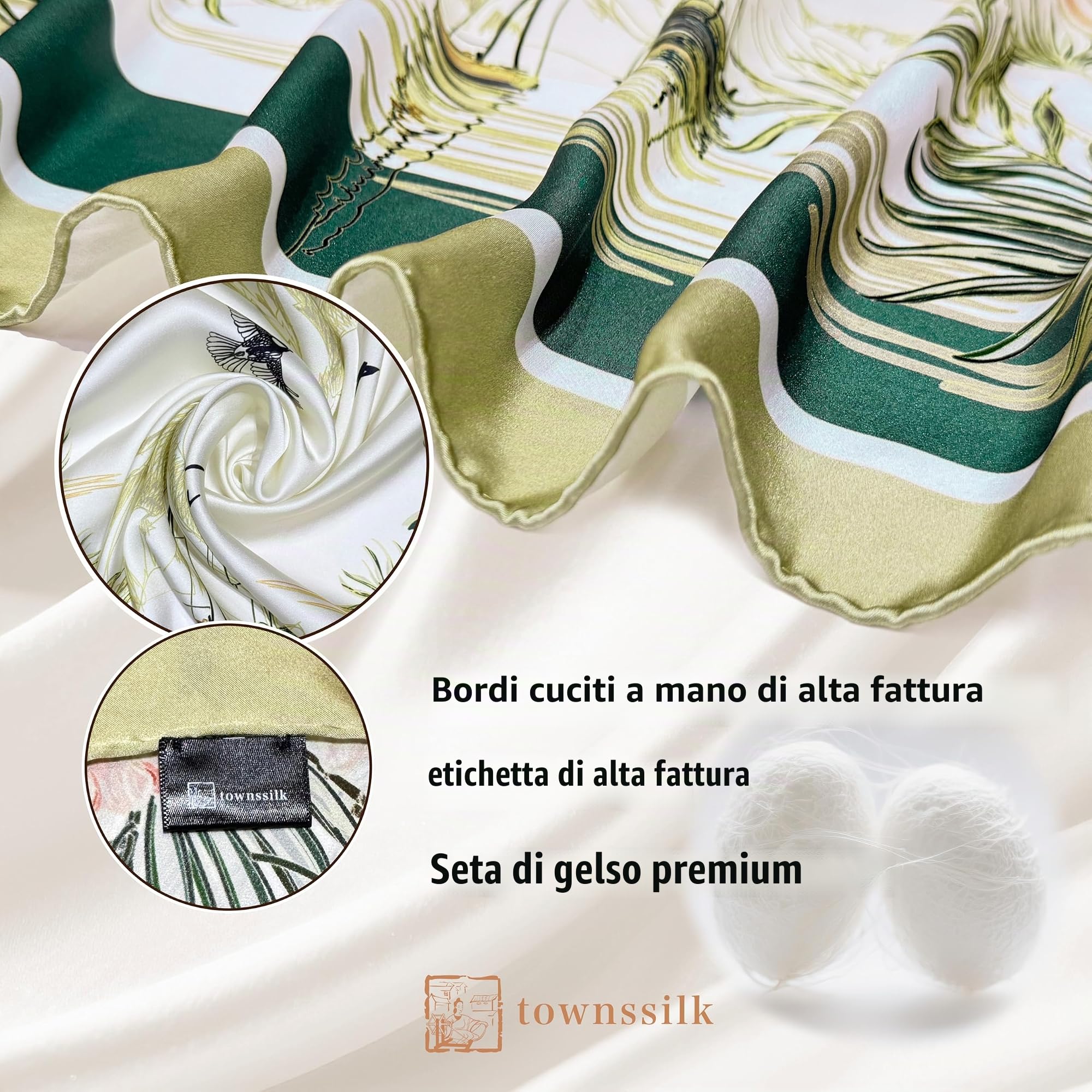 Townssilk Foulard in seta 100% di gelso da donna 90x90 cm, certificato OEKO-TEX, lussuoso e liscio come la seta, sciarpa/foulard, accessorio di moda quadrato, 90x90cm