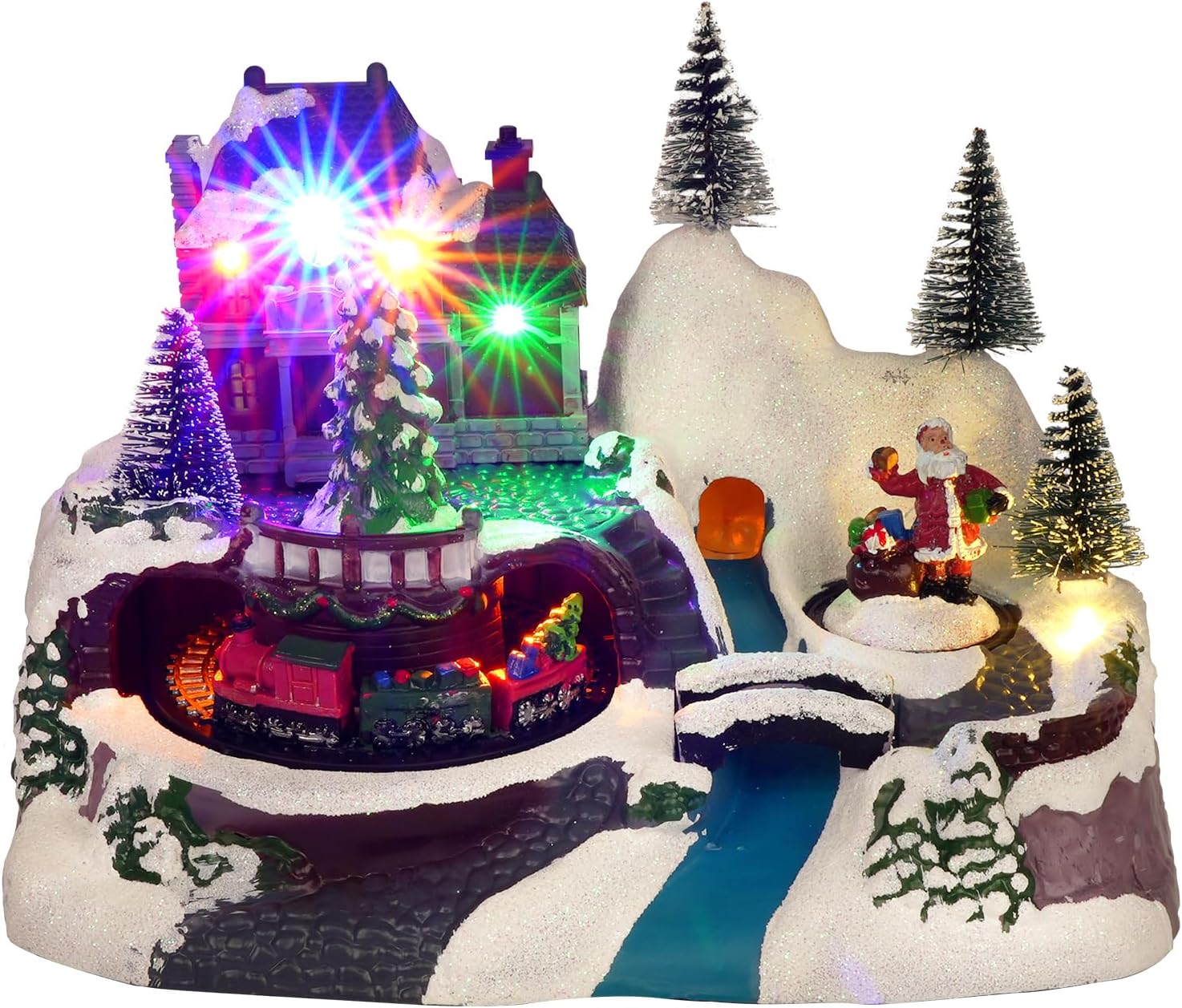 Christmas Village House - Festival Scene Moving Train and Santa Claus with Led Lights, Music for Christmas Party Home Decorations Blue