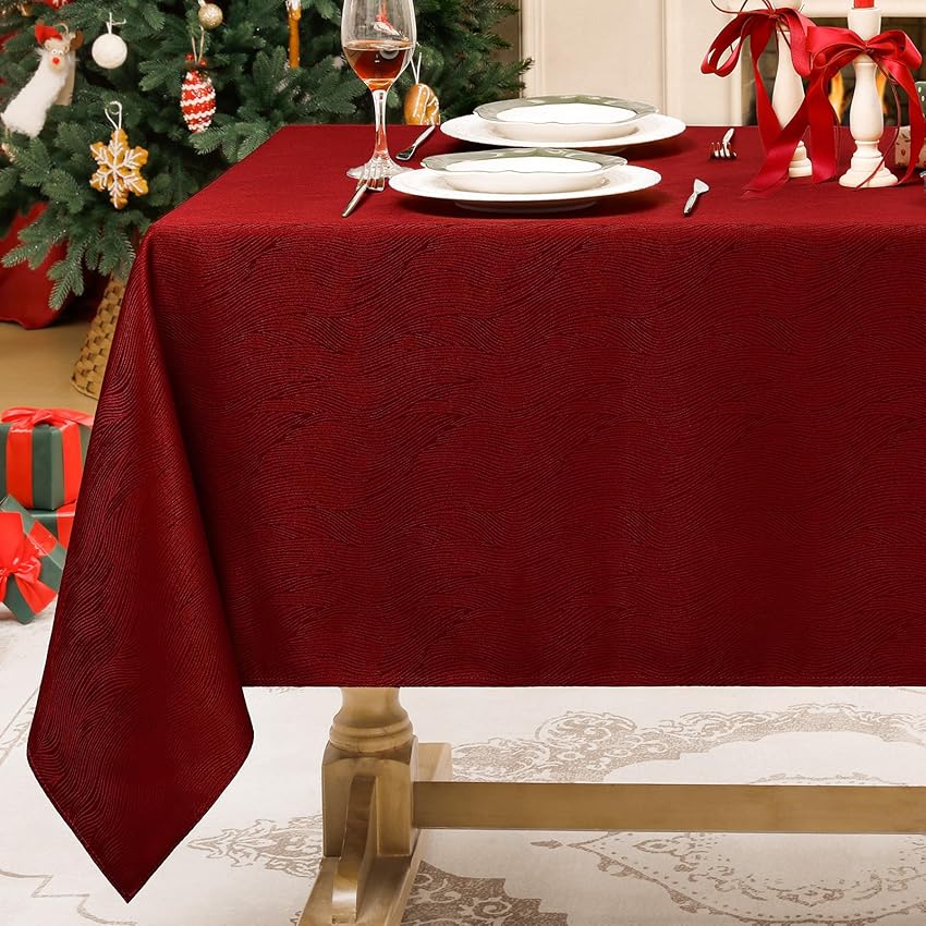 Softalker Tovaglia Rossa Antimacchia Rettangolare 240 x 140 cm con Motivo a Righe Jacquard Tovaglie Natalizia 8-10 Posti per Protezione Tavolo Elegante Decorare Autunnale, Compleanni e Feste, 1 pezzo