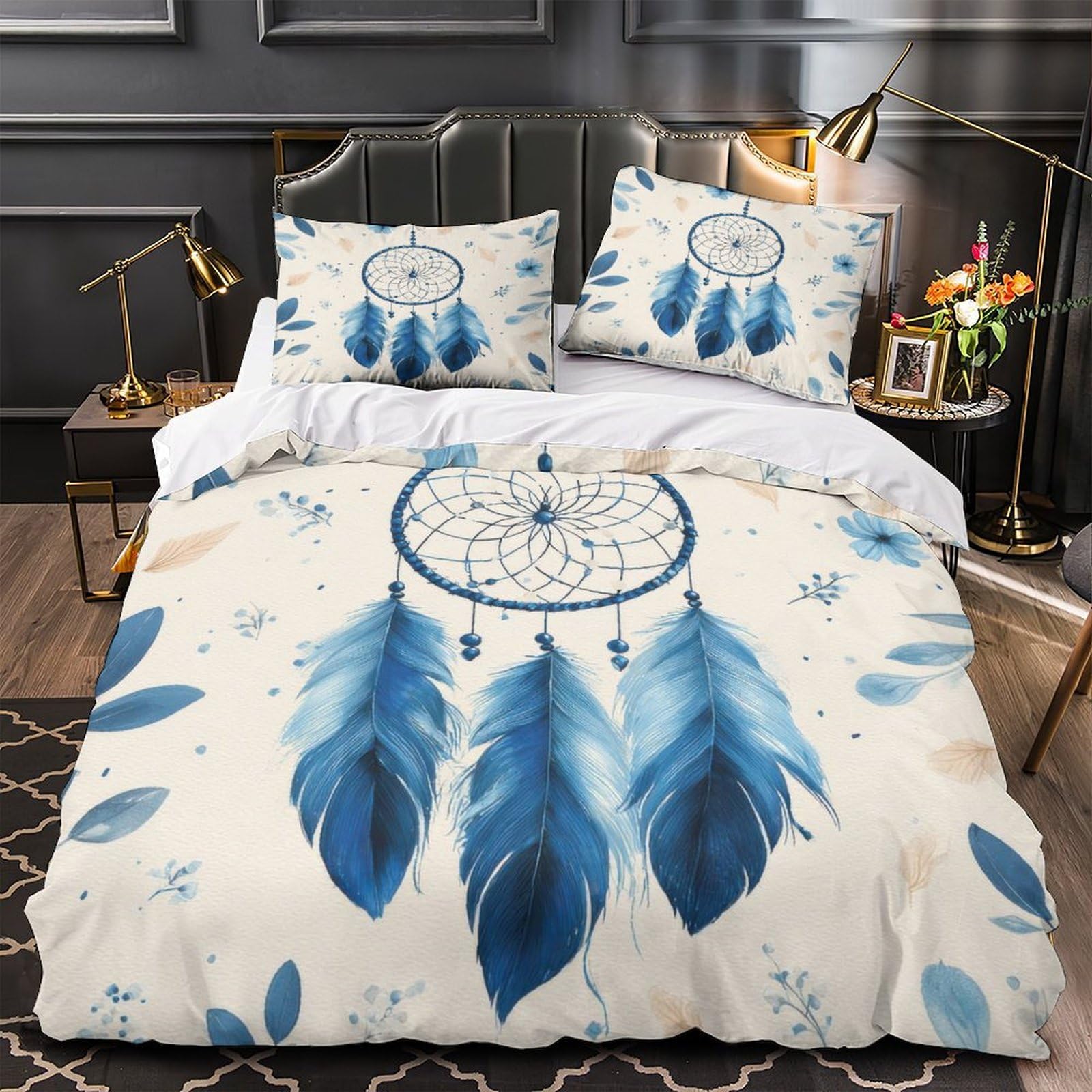 Parure de lit 260x220cm oiseaux bleus en microfibre fermeture éclair
