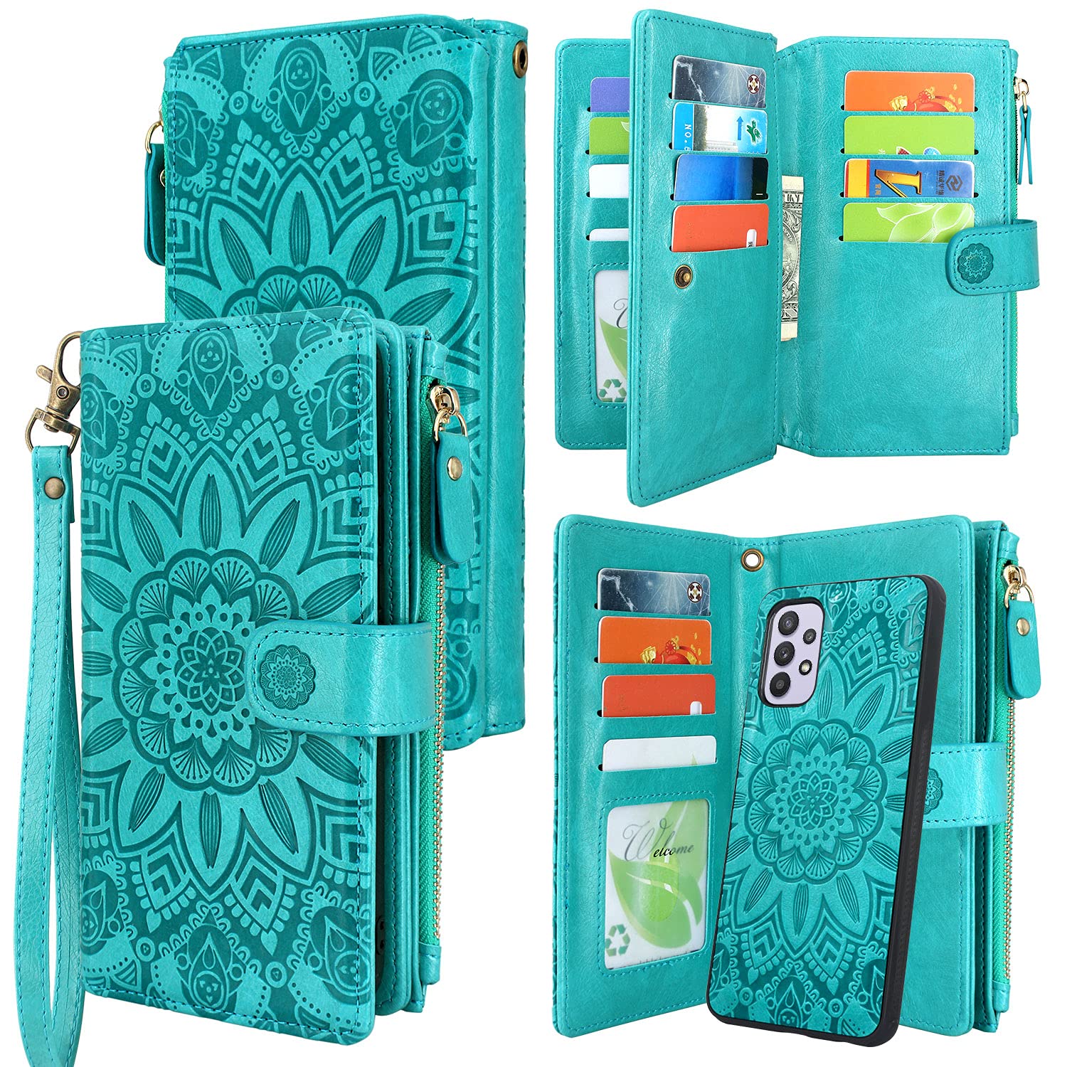 Harryshell Detachable Magnetic Zipper Wallet Leather Case with Cash Coin Pocket 12 Card Slots Holder Wrist Strap Lanyard for Samsung Galaxy A32 5G (2021) Flower (Blue Green)