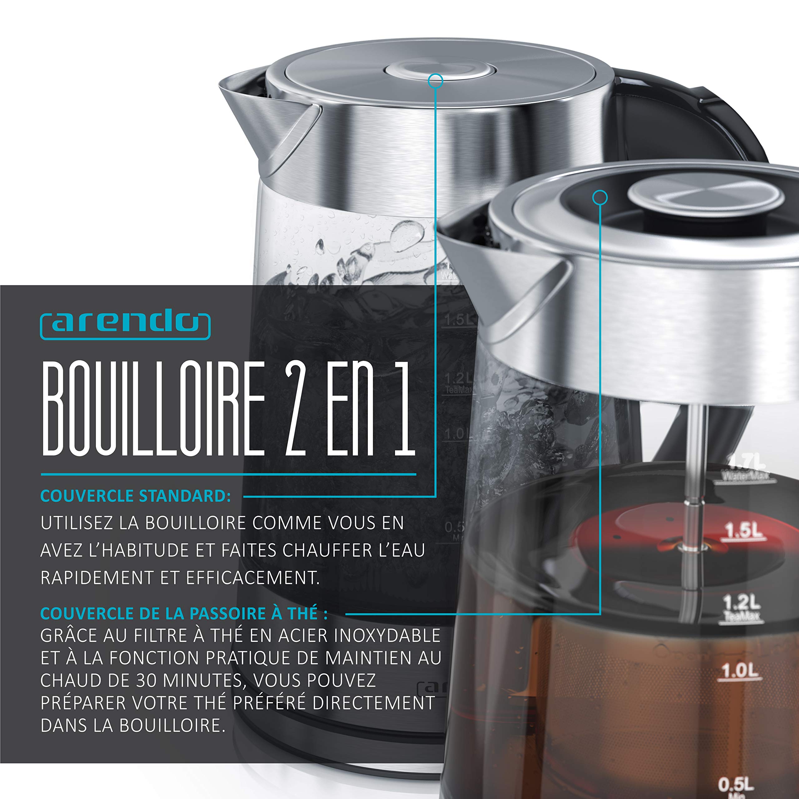 Arendo - Bouilloire électrique en verre avec réglage de la température et passoire à thé théière - Températures réglables 40 70 80 100 degrés - capacité de 1,7 litres - Arrêt automatique