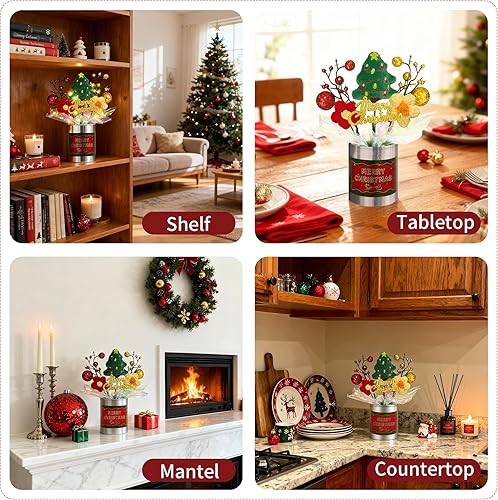 Miniatura 6 de Mini decoración de mesa navideña, árbol de Navidad hecho a mano y flores de ganchillo con base plateada, 8 pulgadas, pequeña decoración festiva para