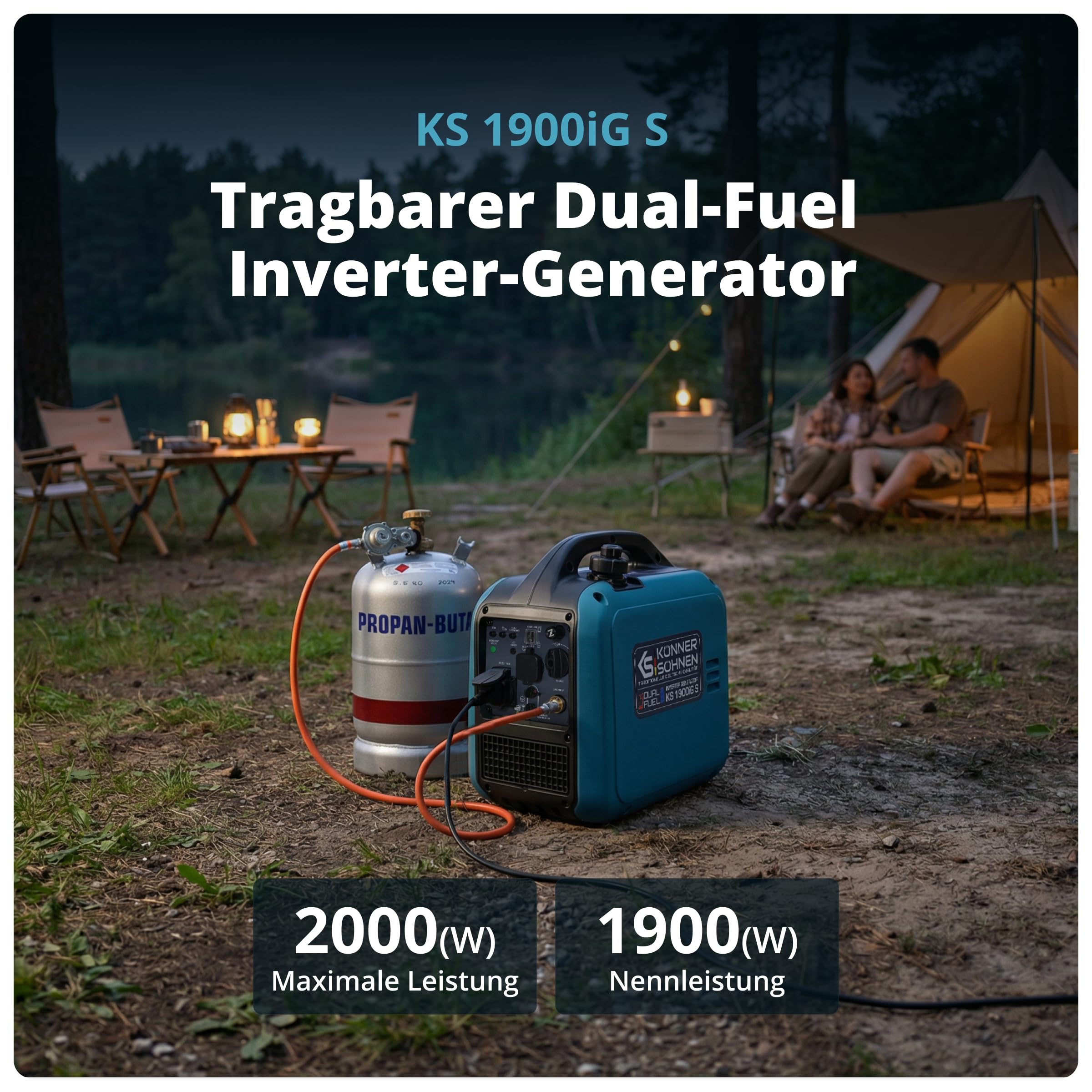Könner & Söhnen Inverter Stromerzeuger KS 1900iG S, 2000W Dual Fuel Generator (LPG/Benzin), Notstromaggregat Leise, 17kg Ultraleicht, Reine Sinuswelle, Eco-Mode, USB, Euro-5