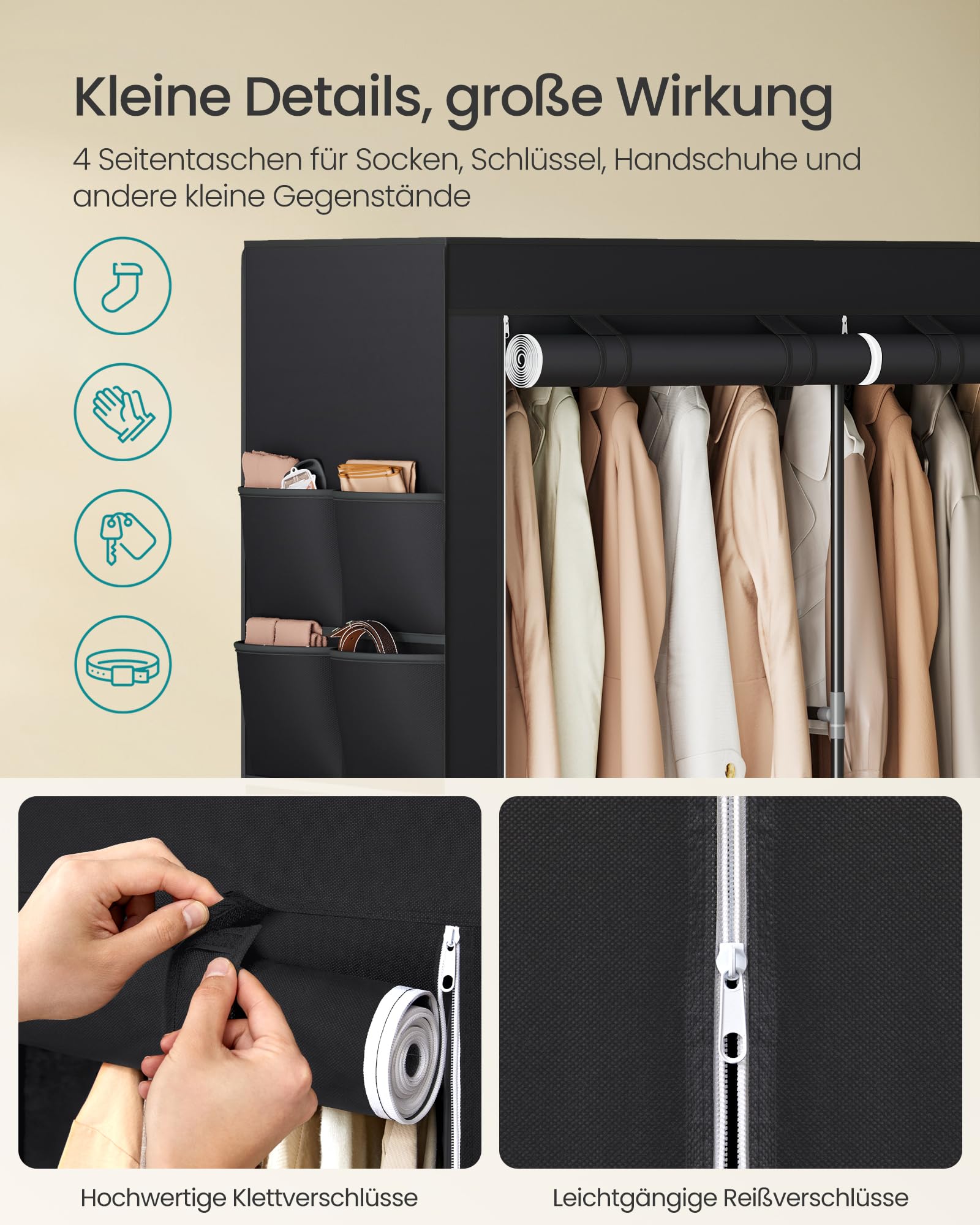 SONGMICS Stoffschrank, Kleiderschrank, 45 x 188 x 176 cm, 3 Hängefächer, mit Ablagen, 4 Seitentaschen, viel Platz, für Schlafzimmer, Wohnzimmer, schwarz RYG009B01