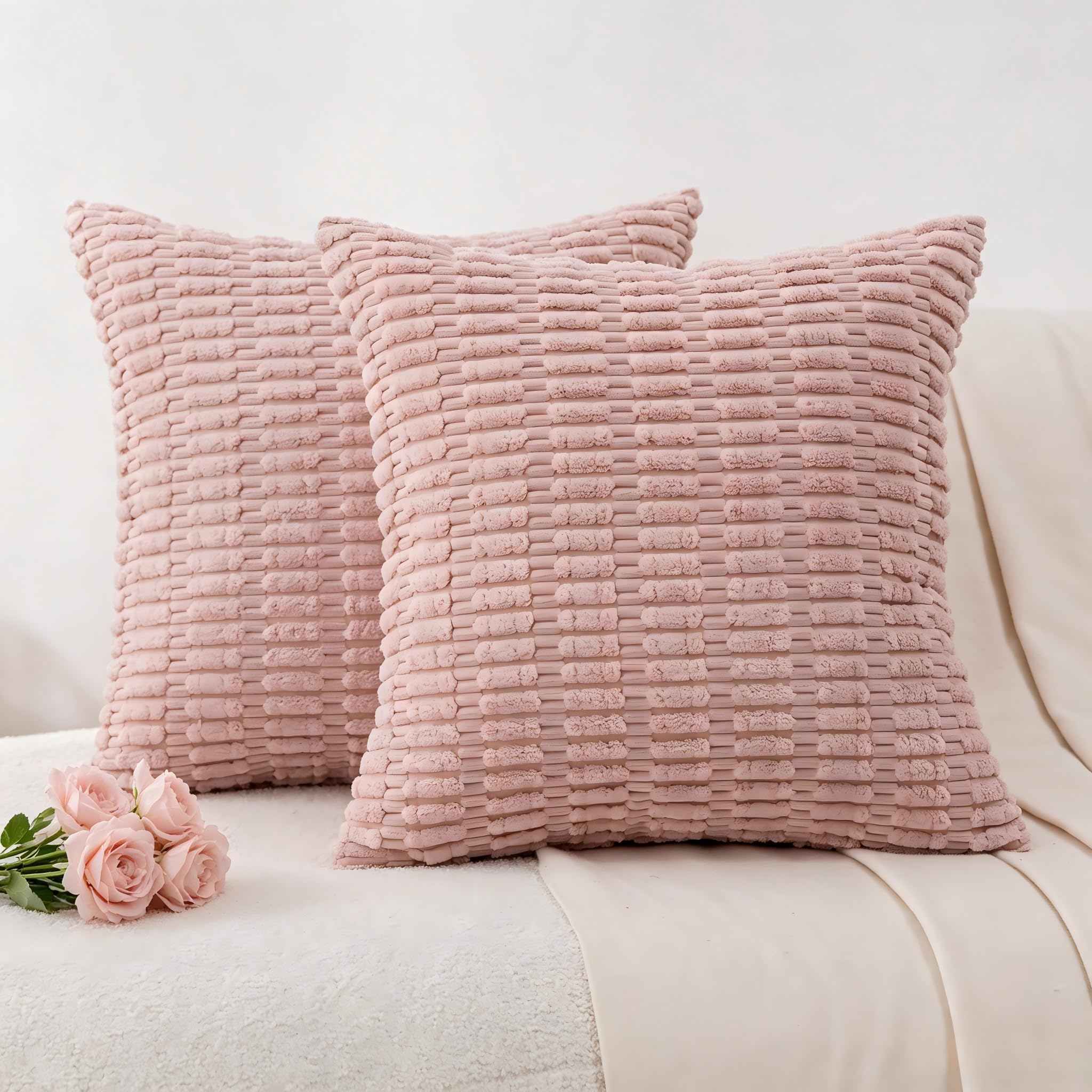 Demetex Pink Cushion Covers 45 x 45 Decorative Plaid Cushions Soft Corduroy Cushion Cases for Sofa Bed Couch Decorations, 45cm x 45cm, Set of 2, Light Pink