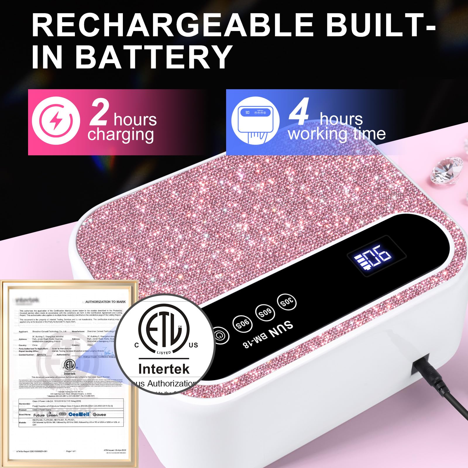 Lampada per unghie senza fili, luce UV per unghie in gel, ricaricabile, professionale, 42 perline, sensore automatico per nail art a casa e nei saloni (diamante rosa)