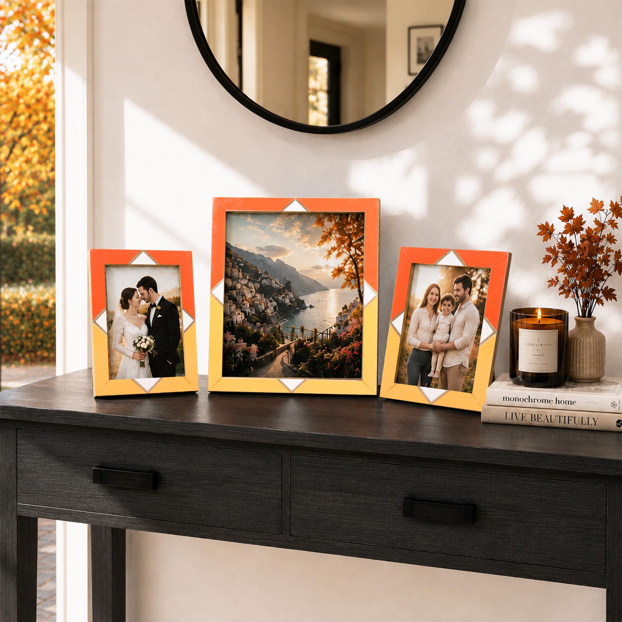Handicrafts Home Marco de fotos hecho a mano con incrustaciones de resina, color naranja, decoración de latón, 8 x 10 pulgadas