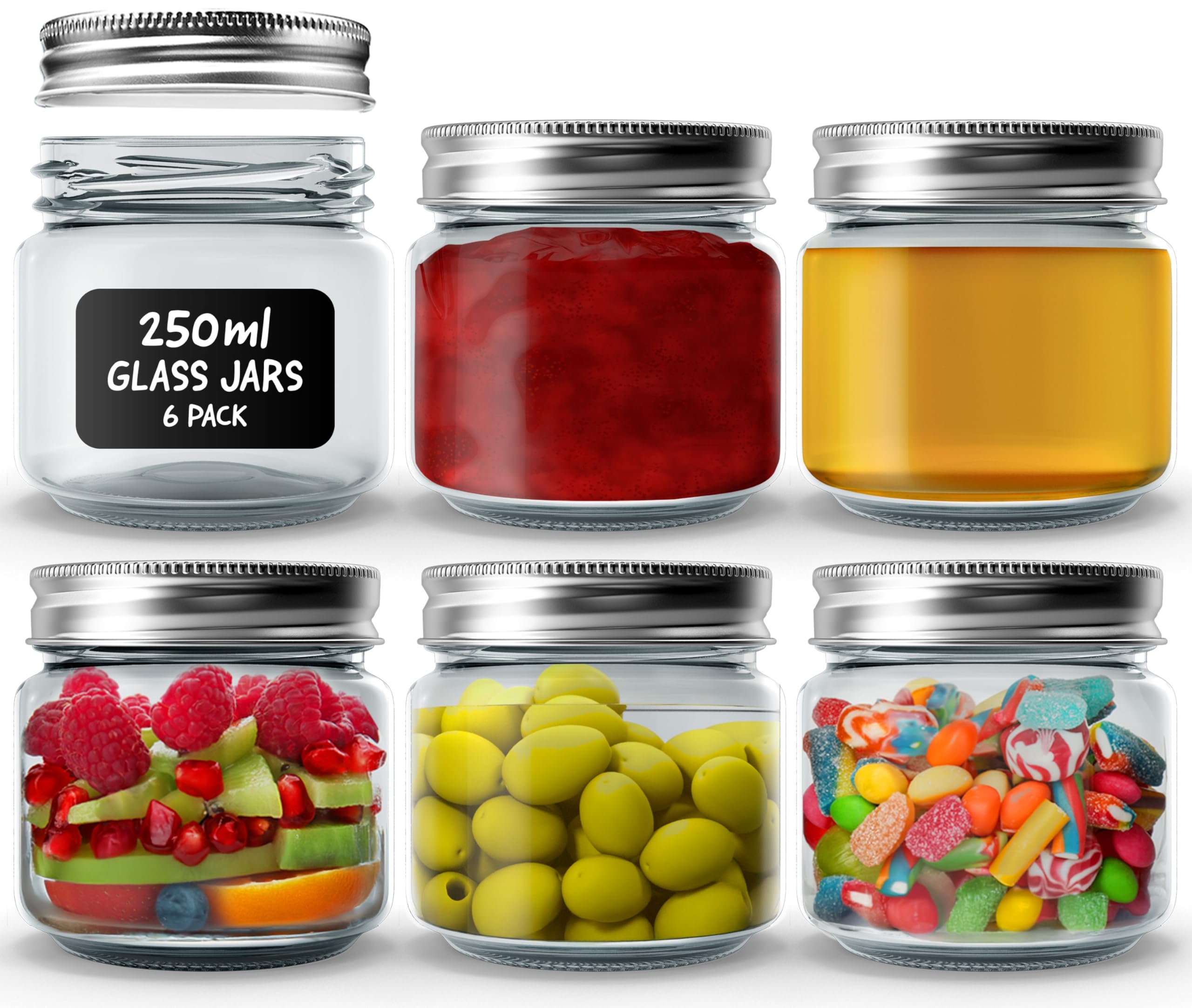 Volila Transparent Mason Jars With Lids - 6 Pack 250Ml Leakproof Glass Jars With Lids For Airtight Seal - Round Mason Jar With Silver Regular Lid, Black Labels And Pen