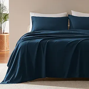 SLEEP ZONE Nanotex Super Soft Cooling Full Size Bed Sheets Set 4 Piece - Easy Care Fitted Flat Sheet & Pillowcase Sets - Wrinkle Free, Fade Resistant, Deep Pocket 16" (Navy Blue, Full)