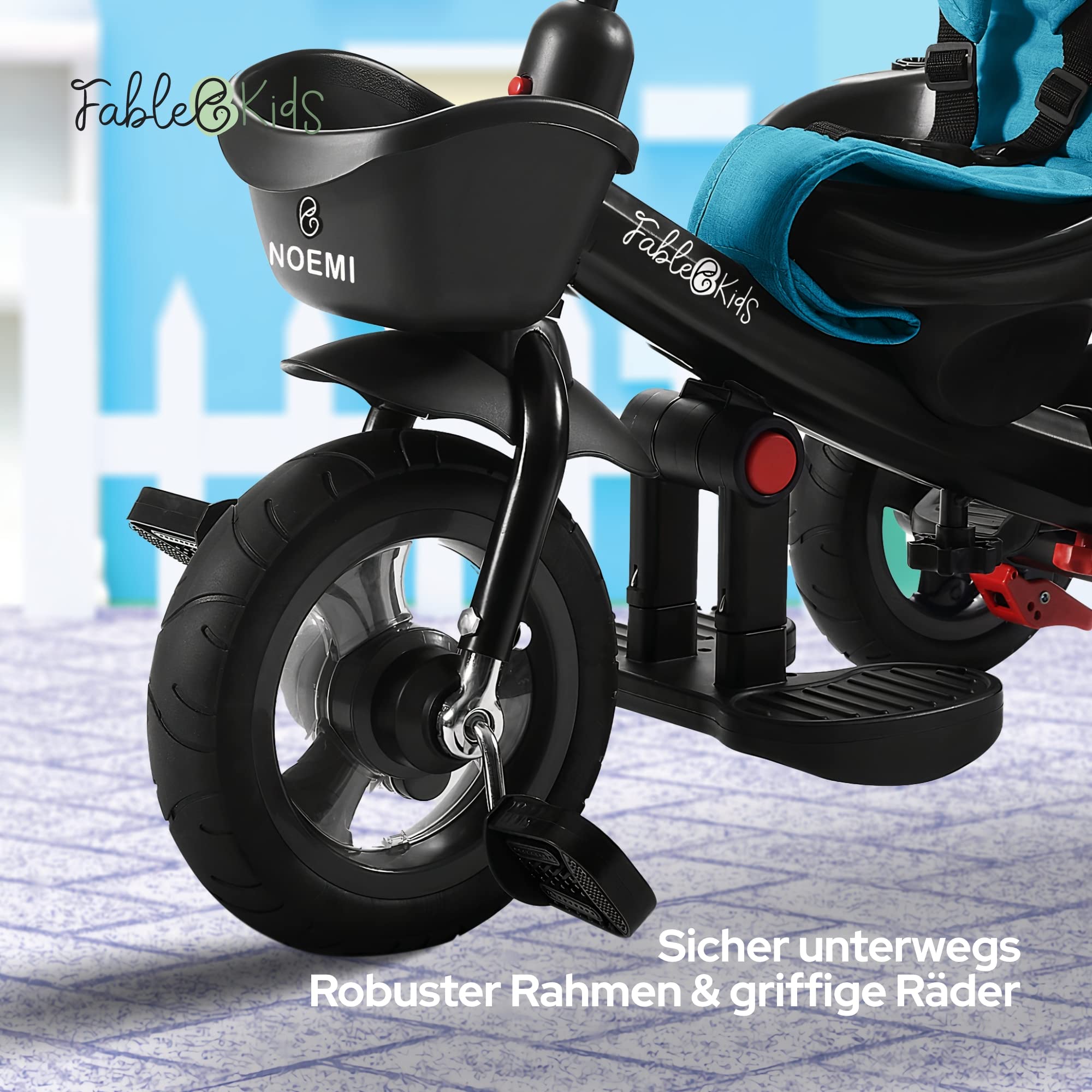 FableKids 5in1 Dreirad ab 9 Monate bis 25kg | Kinderdreirad mit Schubstange, 360° drehbarem Sitz, Verdeck mit Sonnenschutz, 3-Punkt-Gurt, PU-Reifen, Korb & Zubehör für Babys & Kleinkinder | Türkis