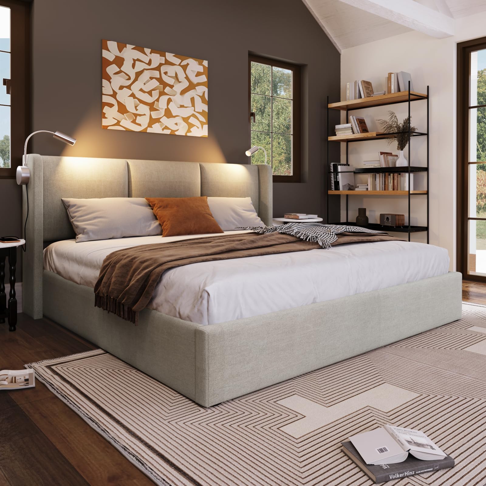 PerGar Cama Matrimonio 160x200, Cama 160x200 con almacenaje, Canape con Cabecero, Camas matrimoniales con luz de Lectura y somier, Moderne Camas Juvenil, Hidráulica Espacio, Lino, Beige, Sin Colchon